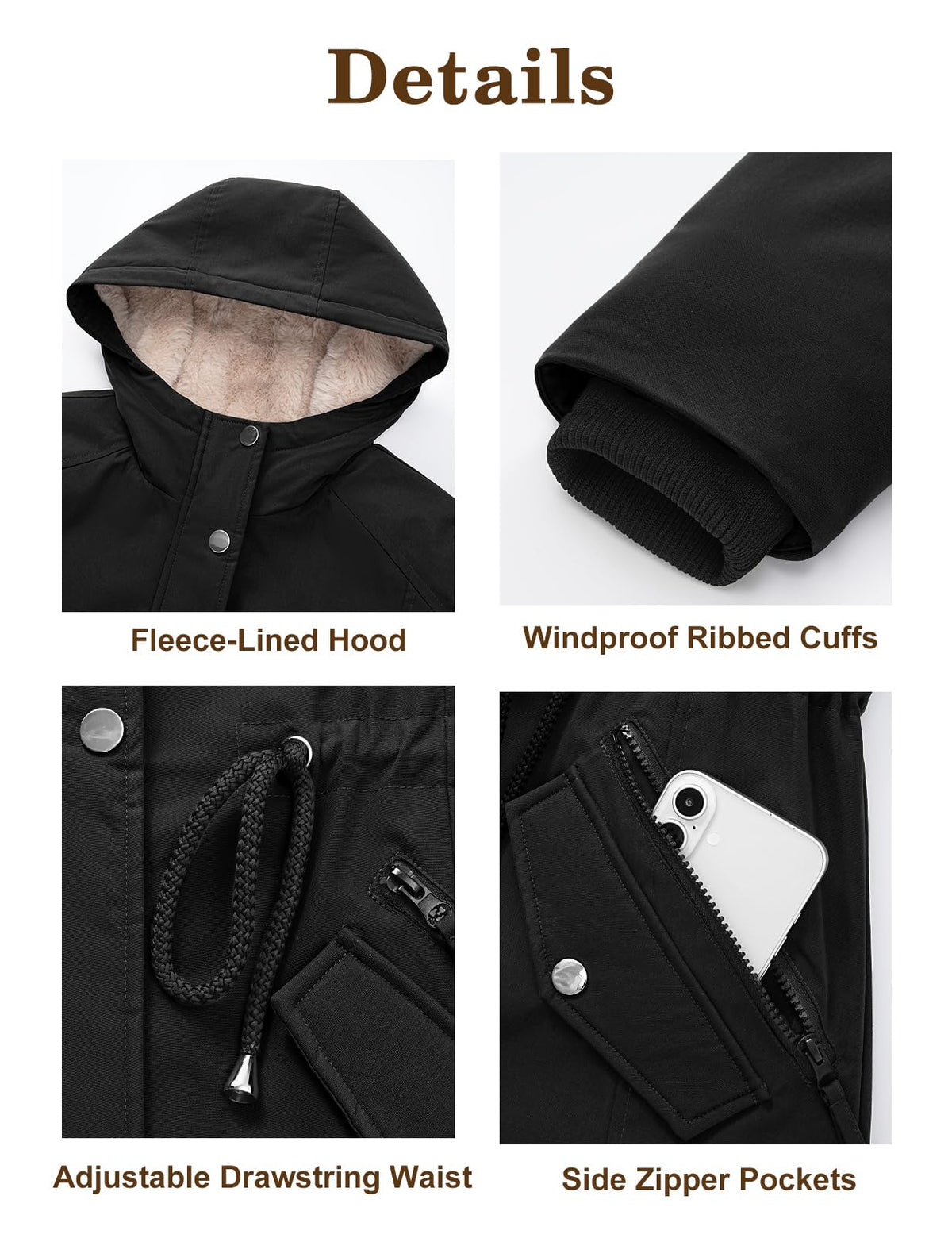 HEEKPEK Women Winter Fleece Lined Hooded Black Parka Jacket with 5 Pockets