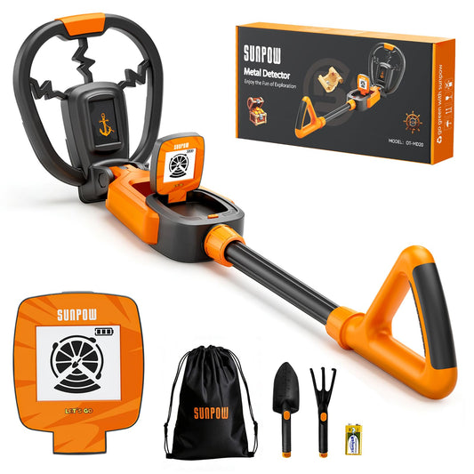 SUNPOW Kids Metal Detector with Treasure Animation & Waterproof Coil - Adjustable Stem (23.6���-27.6���) - Kit Includes Shovel, Rake, Bag - Ideal Gift for Boys & Girls 6-12 for Beach, Park, Ba