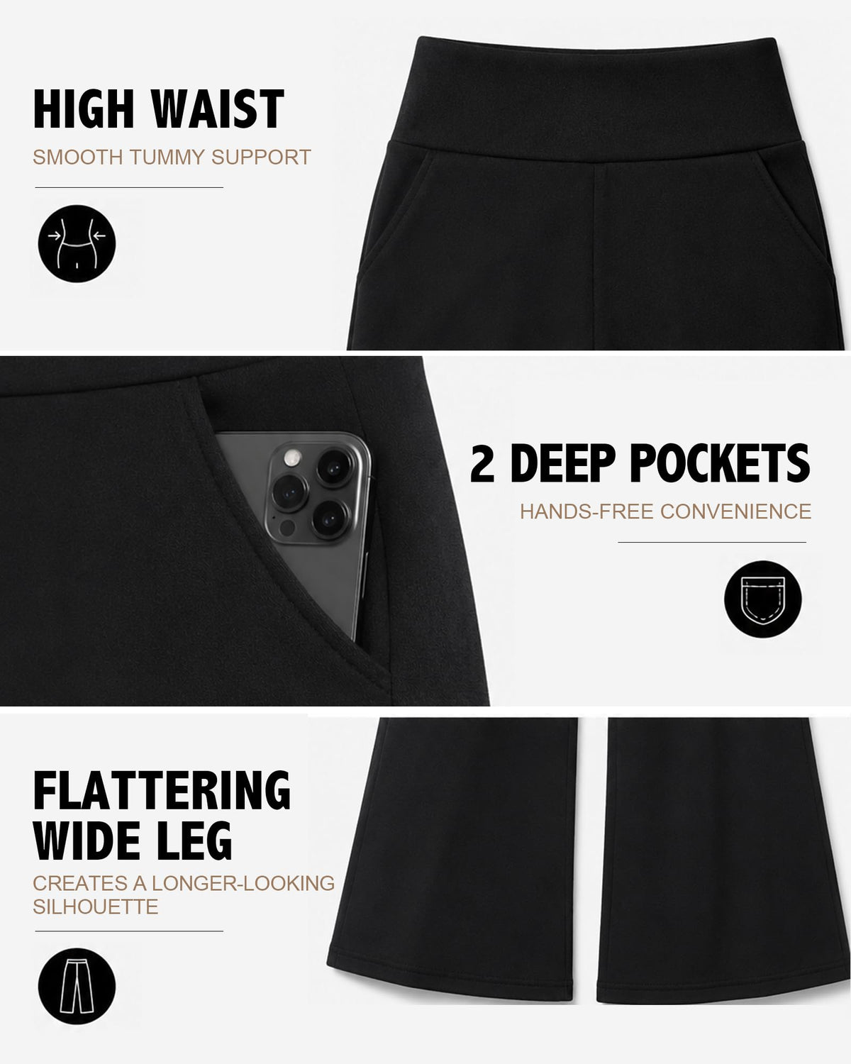 DHSO Fleece Lined Wide Leg Pants for Women with Pockets High Waisted