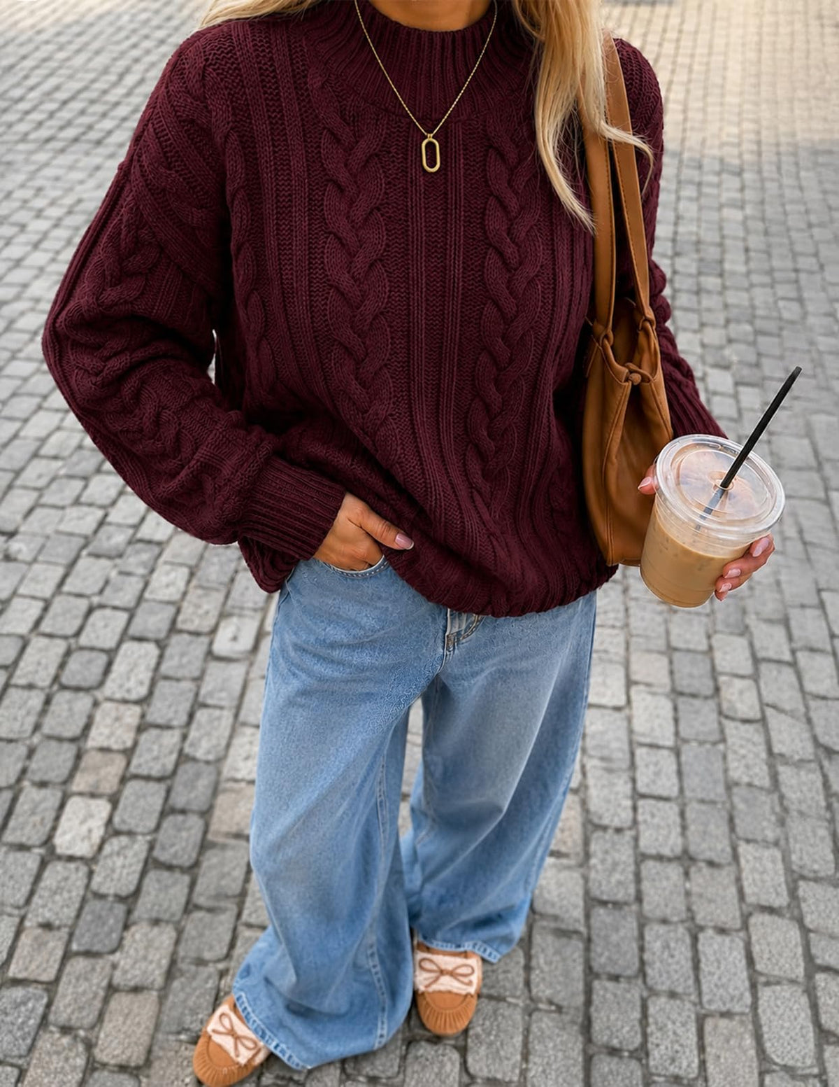 ZESICA Women's Fall Sweater Oversized Mock Neck Cable Knit Outfit Wine L