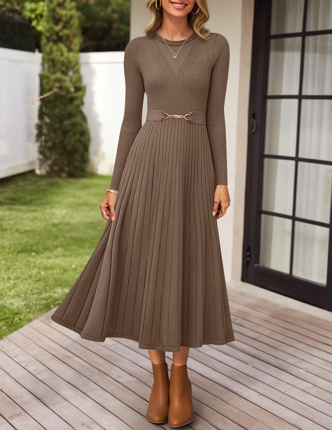 ZESICA Womens Fall Long Sleeve Pleated Midi Sweater Dresses Brown S