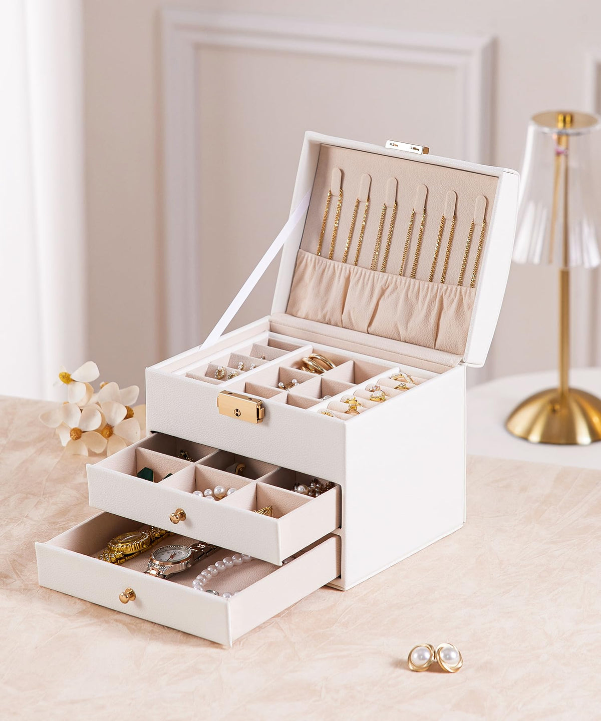Homde Small Jewelry Box for Girls: 3-Layer Lockable Organizer (Cloud White)