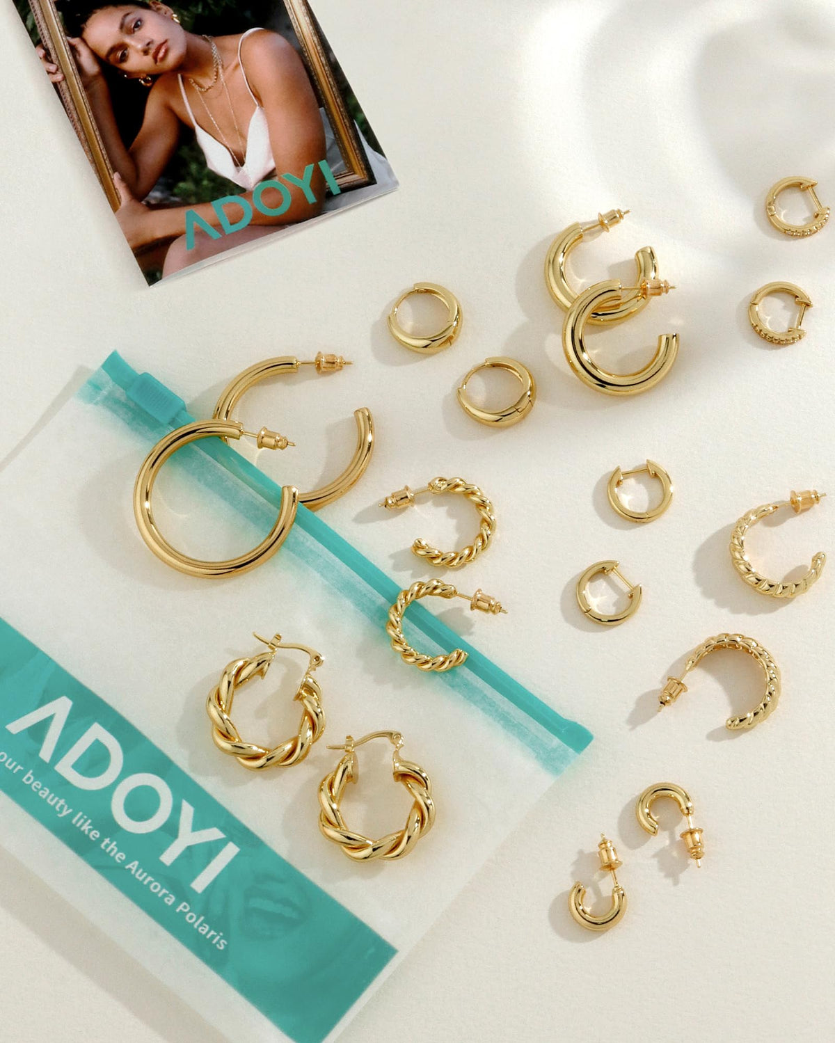 Adoyi Gold Hoop Earrings Set for Women Girl Trendy 14K Plated Gold Hoops Small Chunky Earrings Twisted Huggie Ear ring Pack Lightweight 9 Pairs Jewelry Set for Valentines Mother's Day Birthday Gifts