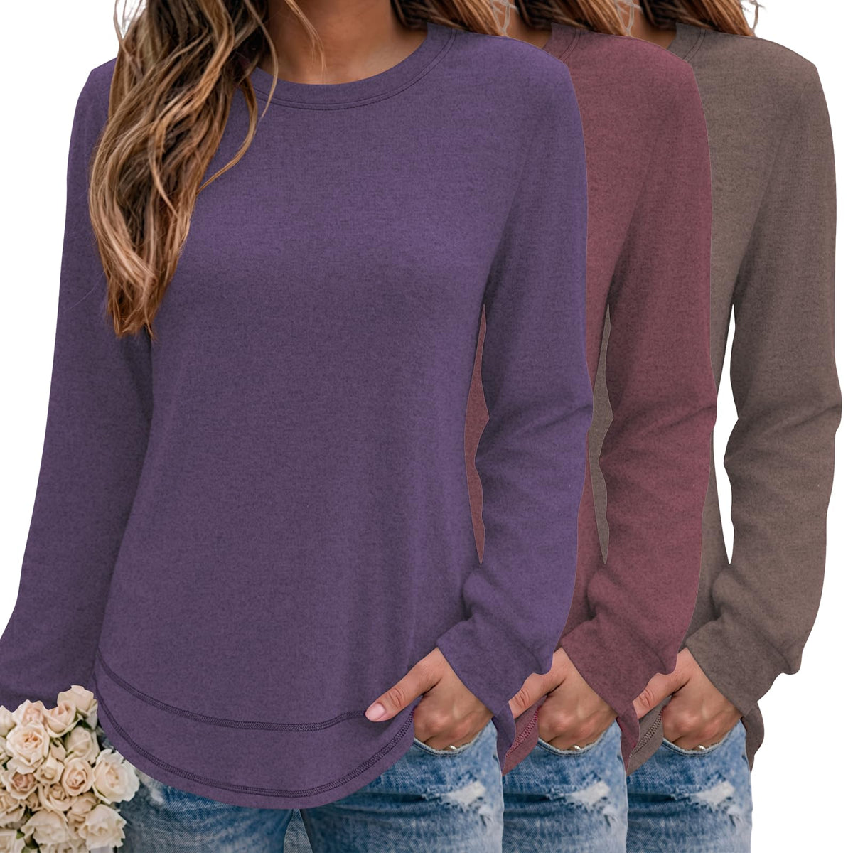 TCOT 3 Pack Ladies Blouses and Tops Crew Neck Long Sleeve Everyday TShirts