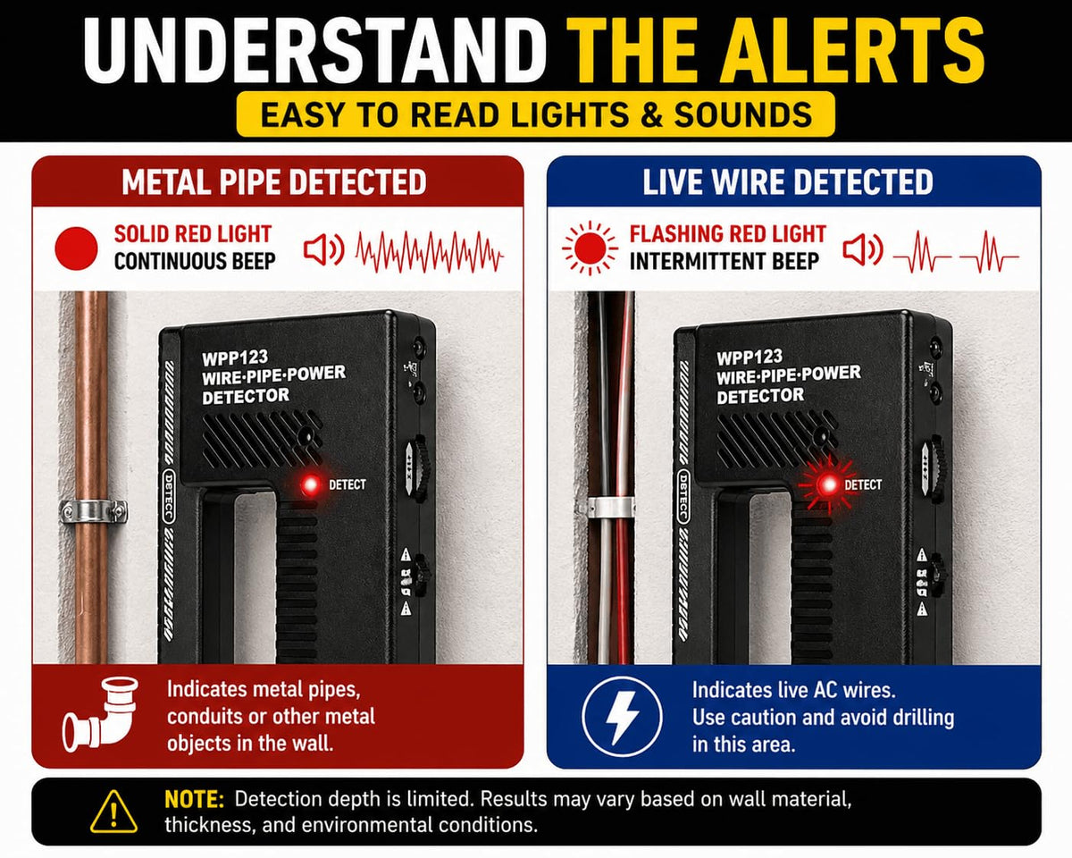 WPP123 Wire & Pipe Detector ��� Handheld Metal & Live AC Wire Scanner for Drywall with Sensitivity C