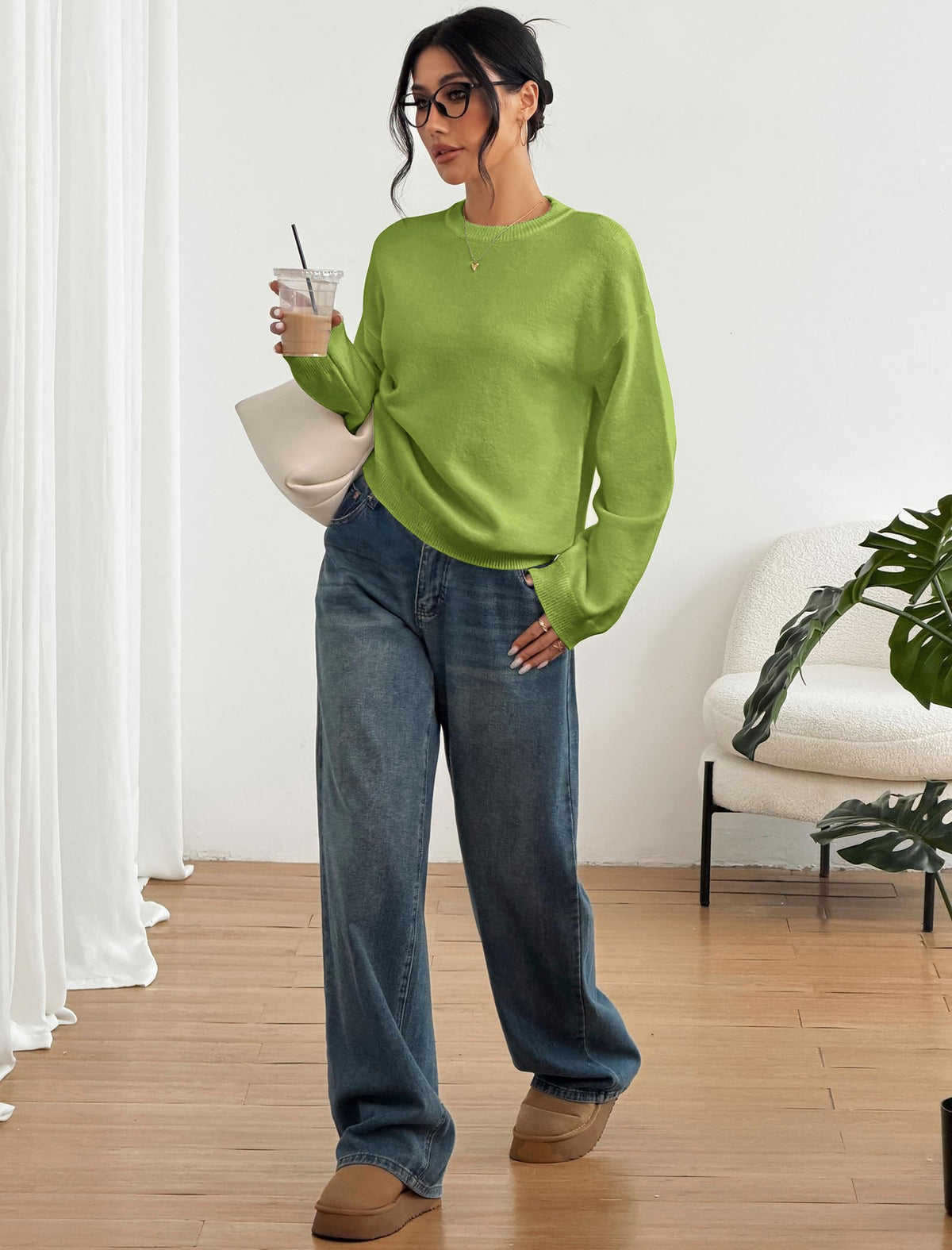 ZAFUL Women Crew Neck Sweater Long Sleeve Solid Oversized Pullover Sweater