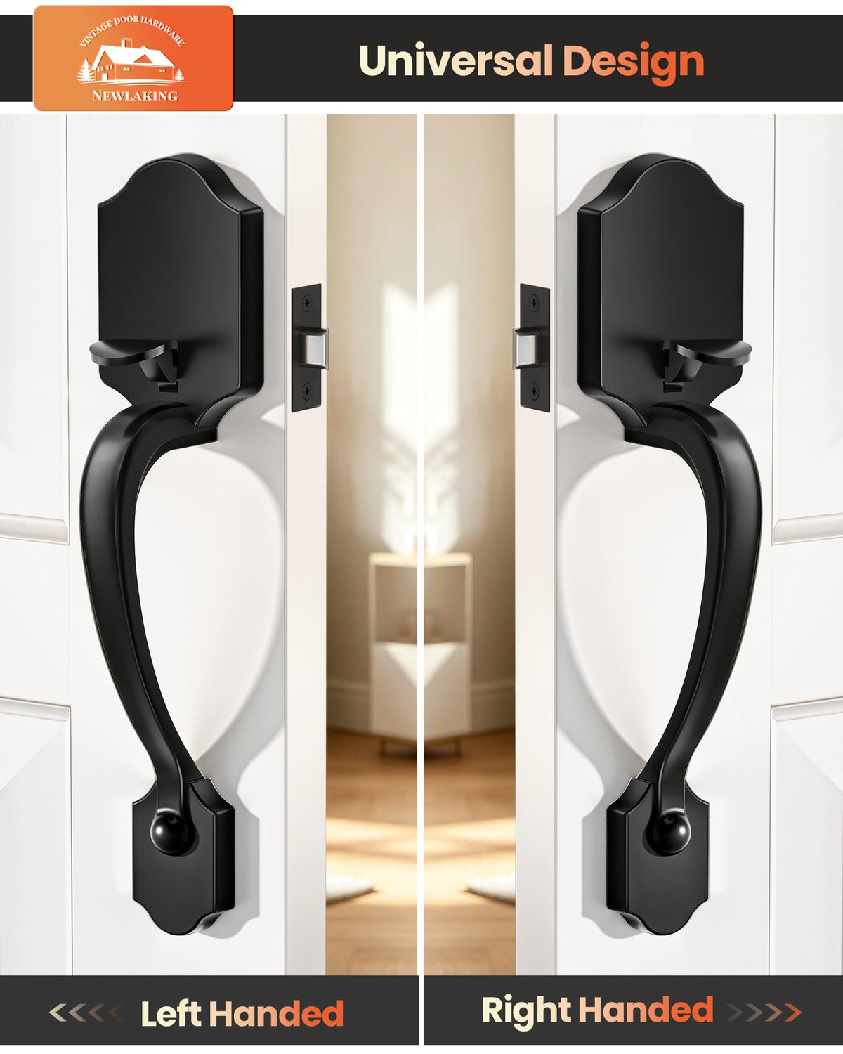 Front Door Handle with Reversible Knob Handle, Matte Black, Zinc Alloy