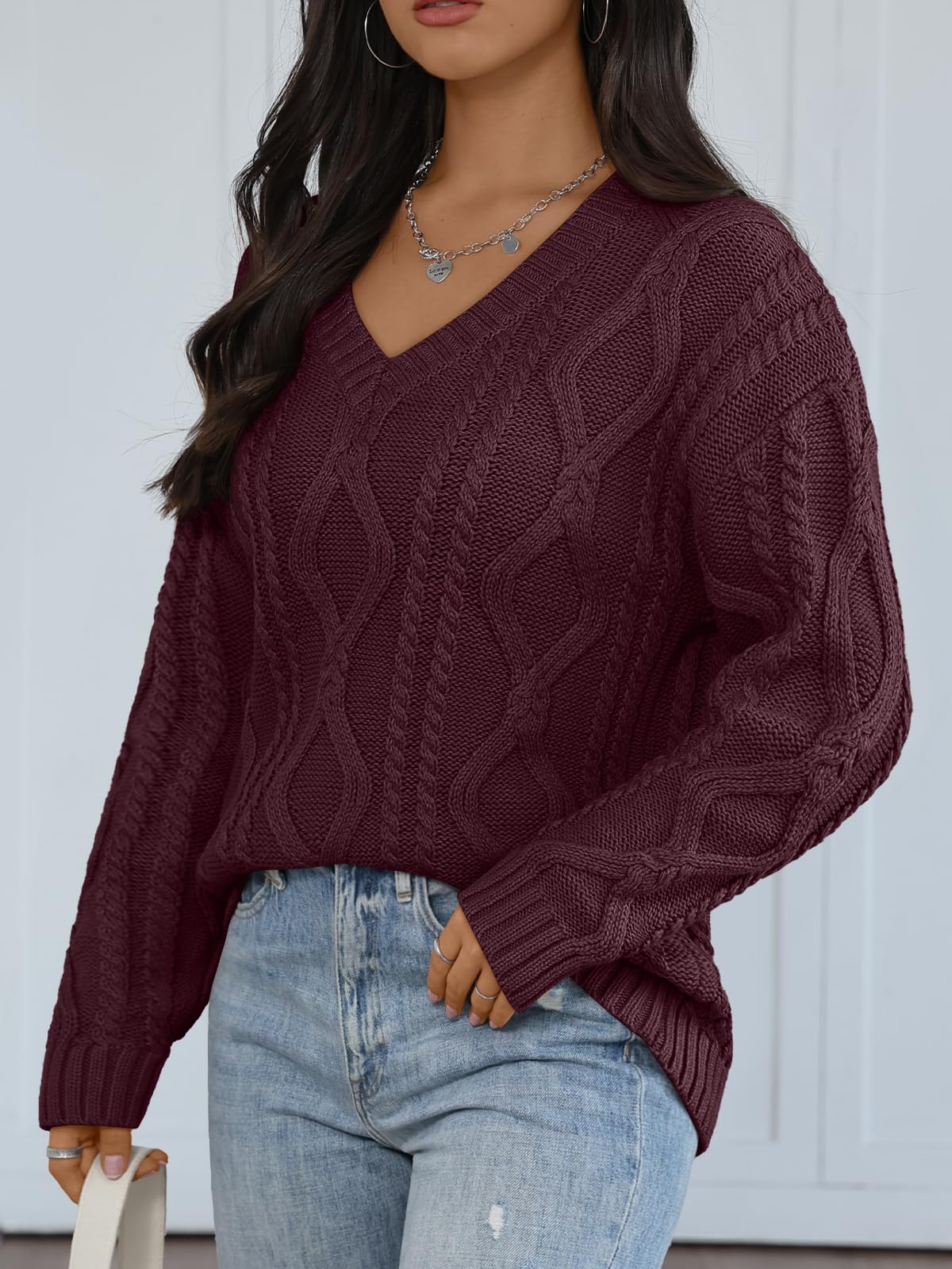 Trendy Queen Womens V Neck Cable Knit Sweaters Oversized Cozy Fall Pullover