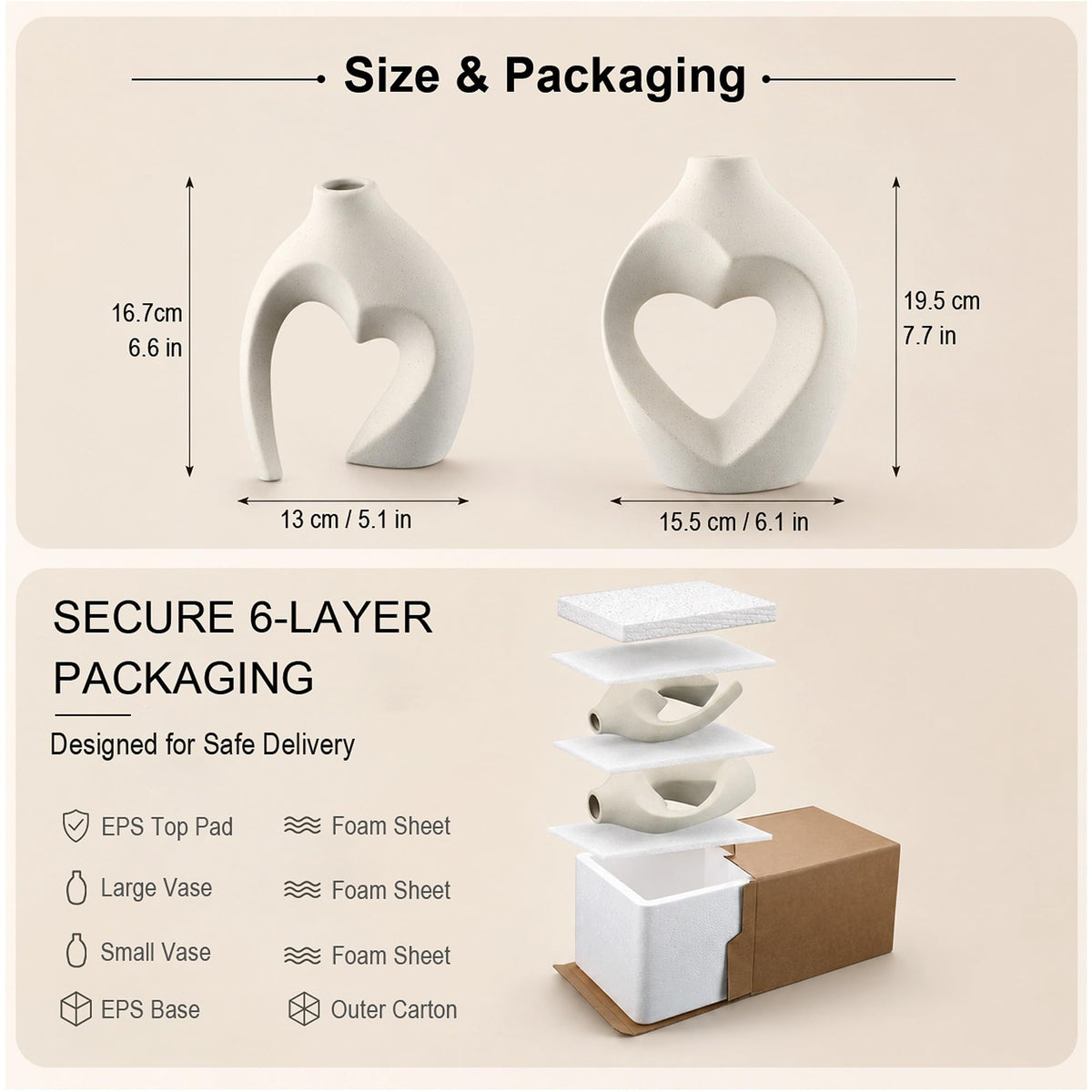 White Ceramic Flower Vase Home Table Decor Heart Shaped Vase Set of 2