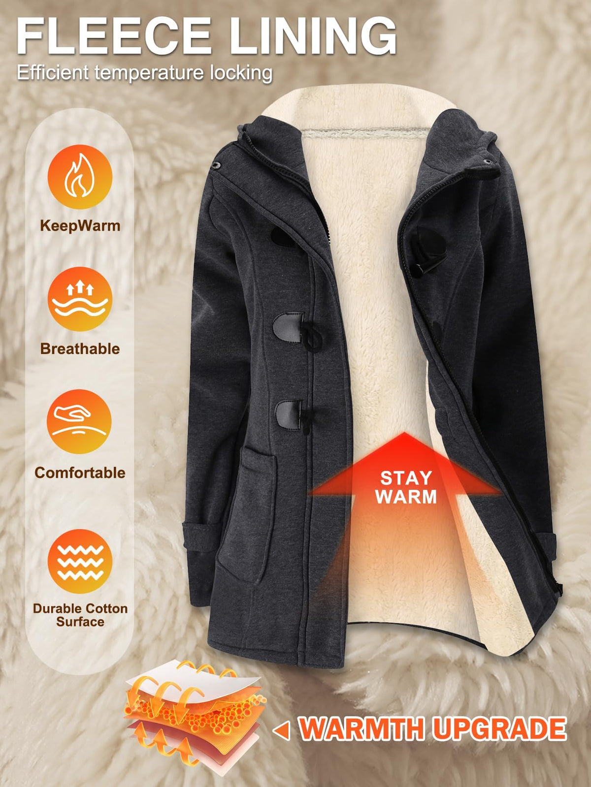 Gihuo Women's Sherpa Lined Toggle Duffle Coat Fleece Hooded Winter Warm Jacket Sweatshirt(DarkGrey01-XL)
