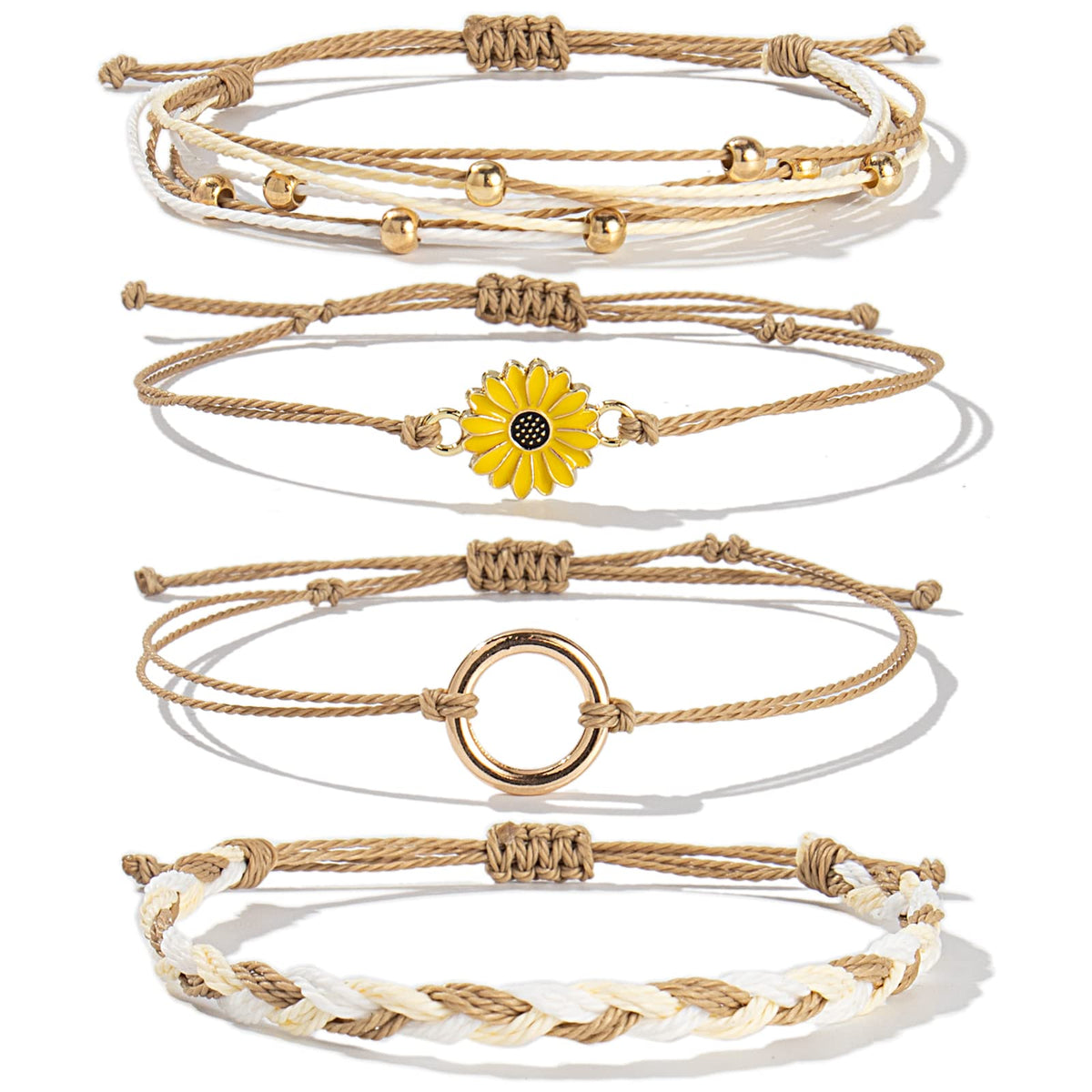 Tan Stackable Sunflower String Bracelets Cute Boho Summer Beach Jewelry