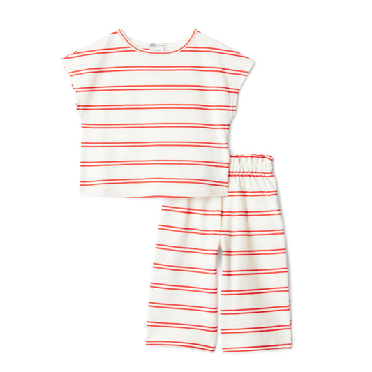 Amazon Essentials Unisex Babies x Sofia Grainge Baby Girl and Toddlers Cotton Pique Short Sleeve T-Shirt & Pants Set, Red Double Stripe, 6-9 Months