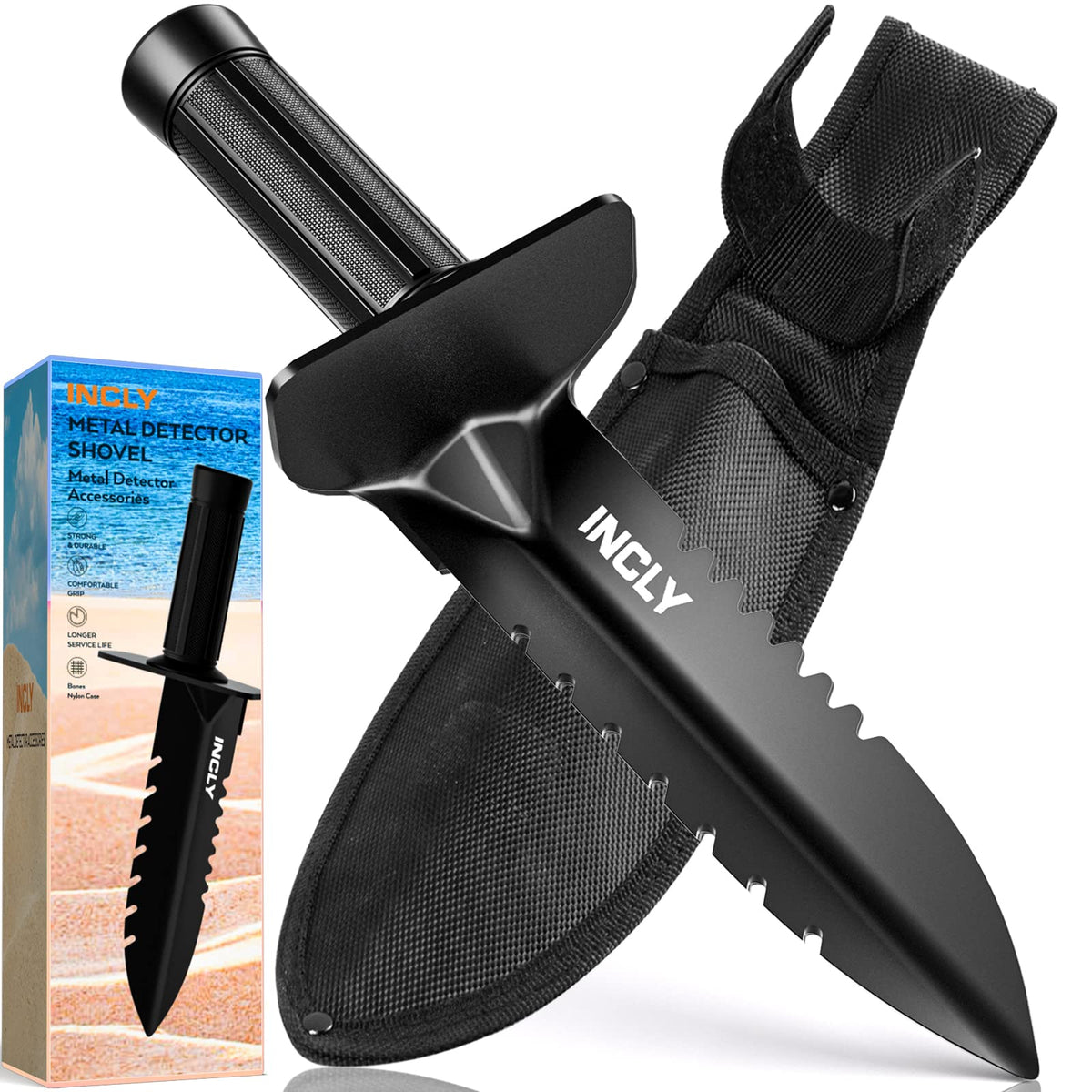 INCLY Metal Detector Shovel, Heavy Duty Double Serrated Edge Digging Tool