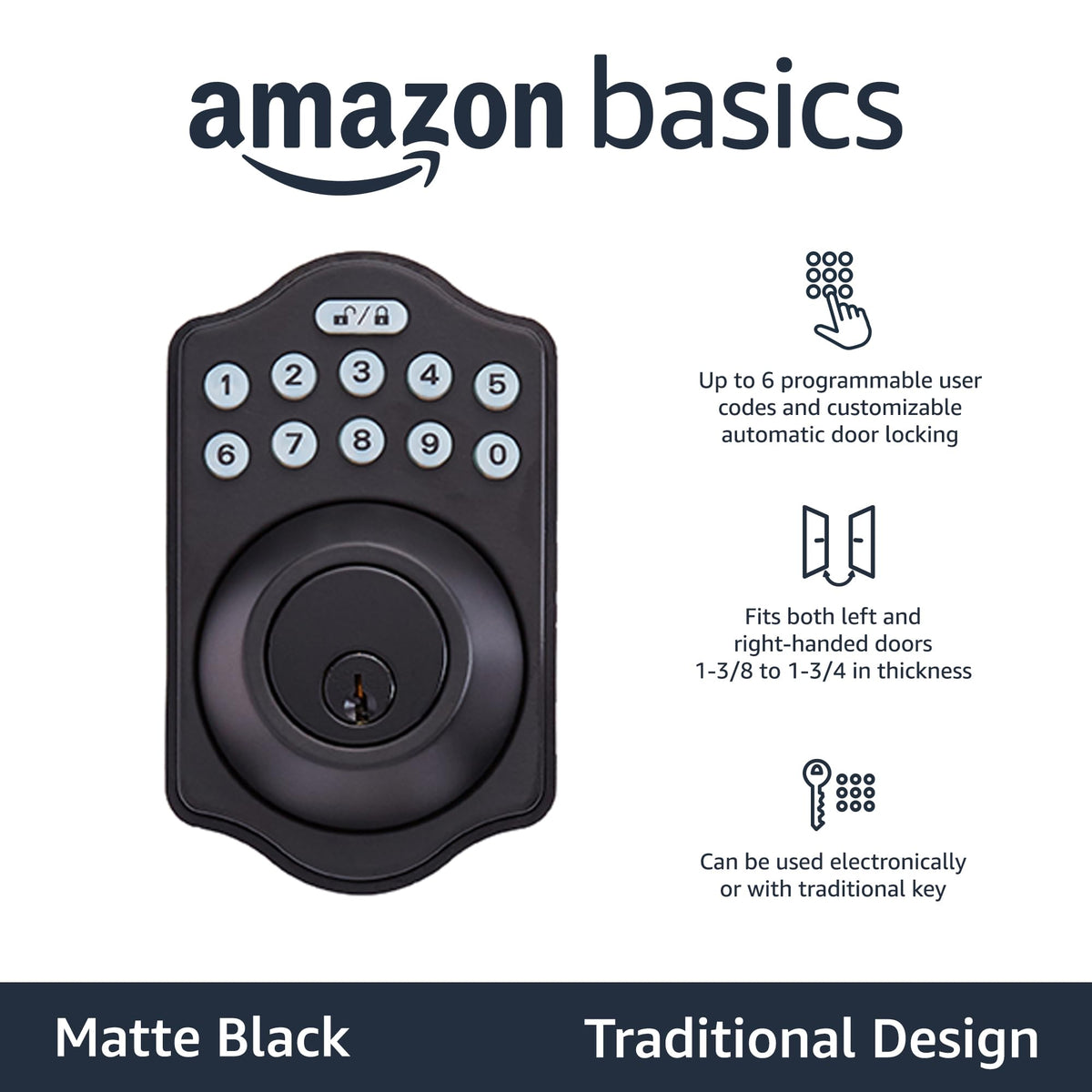 Amazon Basics Electronic Keypad Deadbolt Door Lock with Auto Lock, Touch-Control Keyless Entry, Customizable User Codes, Traditional Design, Matte Black, 1-Pack