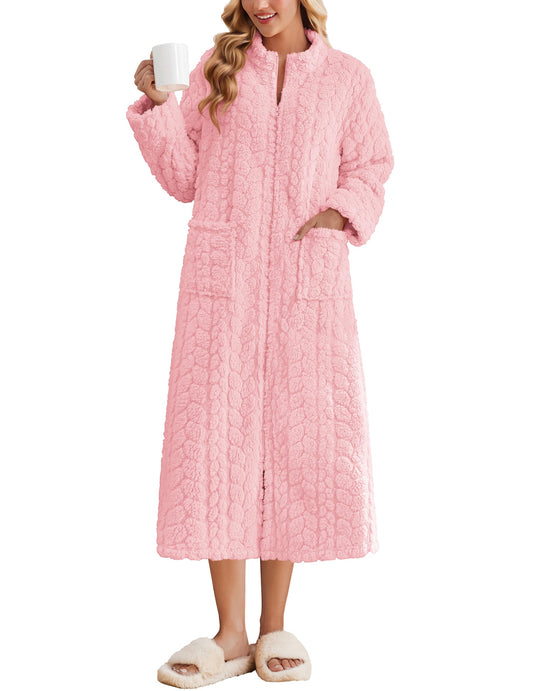Ekouaer Zipper Robes for Women Long Fleece Warm Housecoat with Pockets