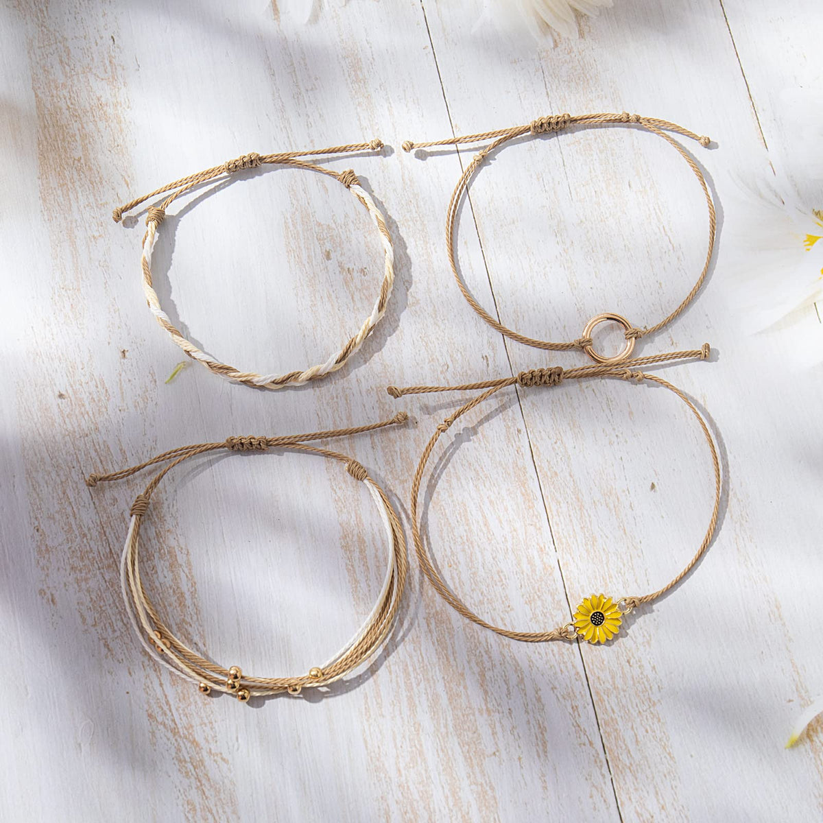 Tan Stackable Sunflower String Bracelets Cute Boho Summer Beach Jewelry
