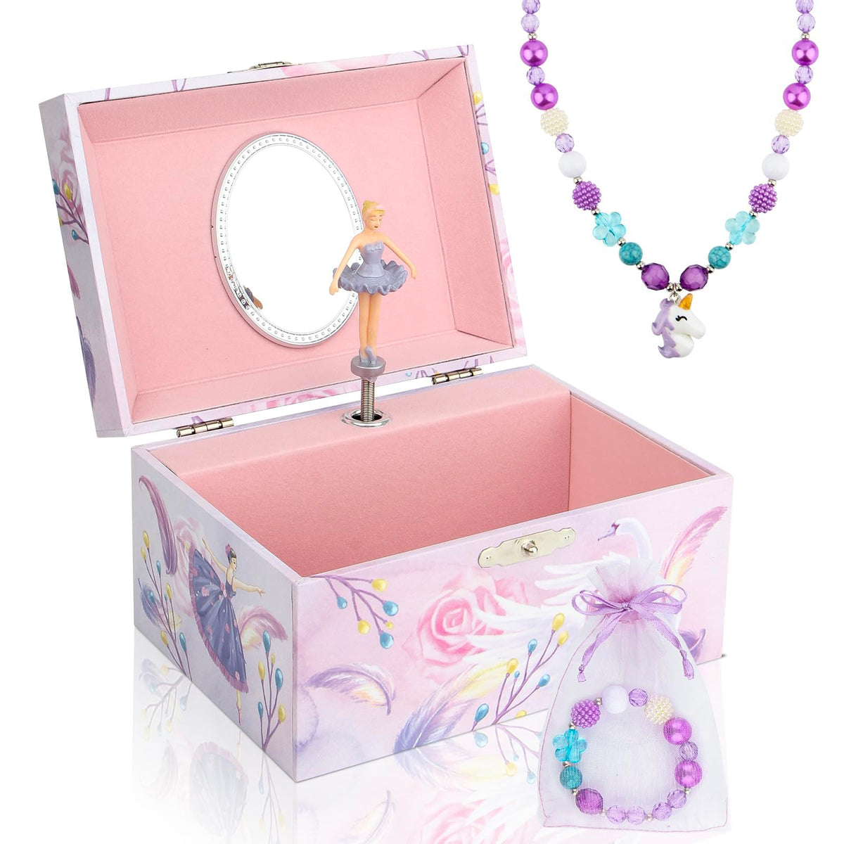 Taduoduo Girls' Musical Jewelry Box Organizer with Jewelry Set - Pink Purple Spinning Ballerina Theme, Swan Lake Tune - Jewelry Storage and Music Box for Girls