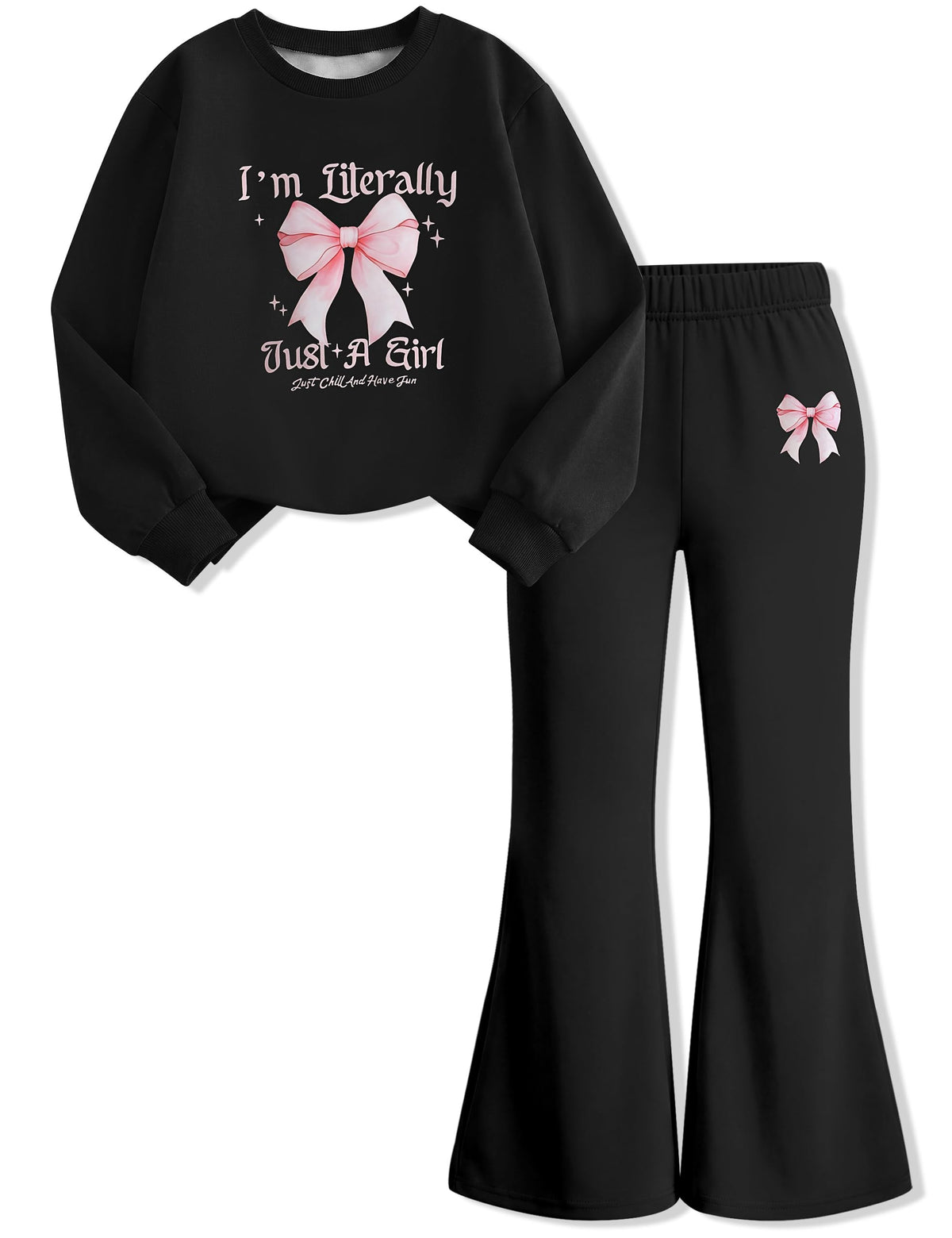 Gaupafmb Girls' Clothing Sets 2 Piece Watercolor Bow Letter Print Graphic Crewneck Sweatshirt Top and Flared Pants Black Teen Girls Clothes Size 10-12 Years