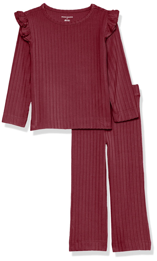 Amazon Essentials Girls' Wide-Rib Ruffle Top and Flare Pants Outfit Set, Pack of 2, Dark Red, Small