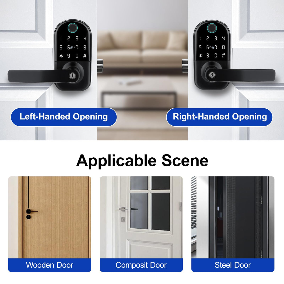 GUSEI Keyless Entry Fringerprint Smart Matter Biometric Door Deadbolt Lock with Handle, 5-in-1 Keypad Digital Electronic Matter Lock with Code,App,Card and Keys for Bedroom Front Officce Doors