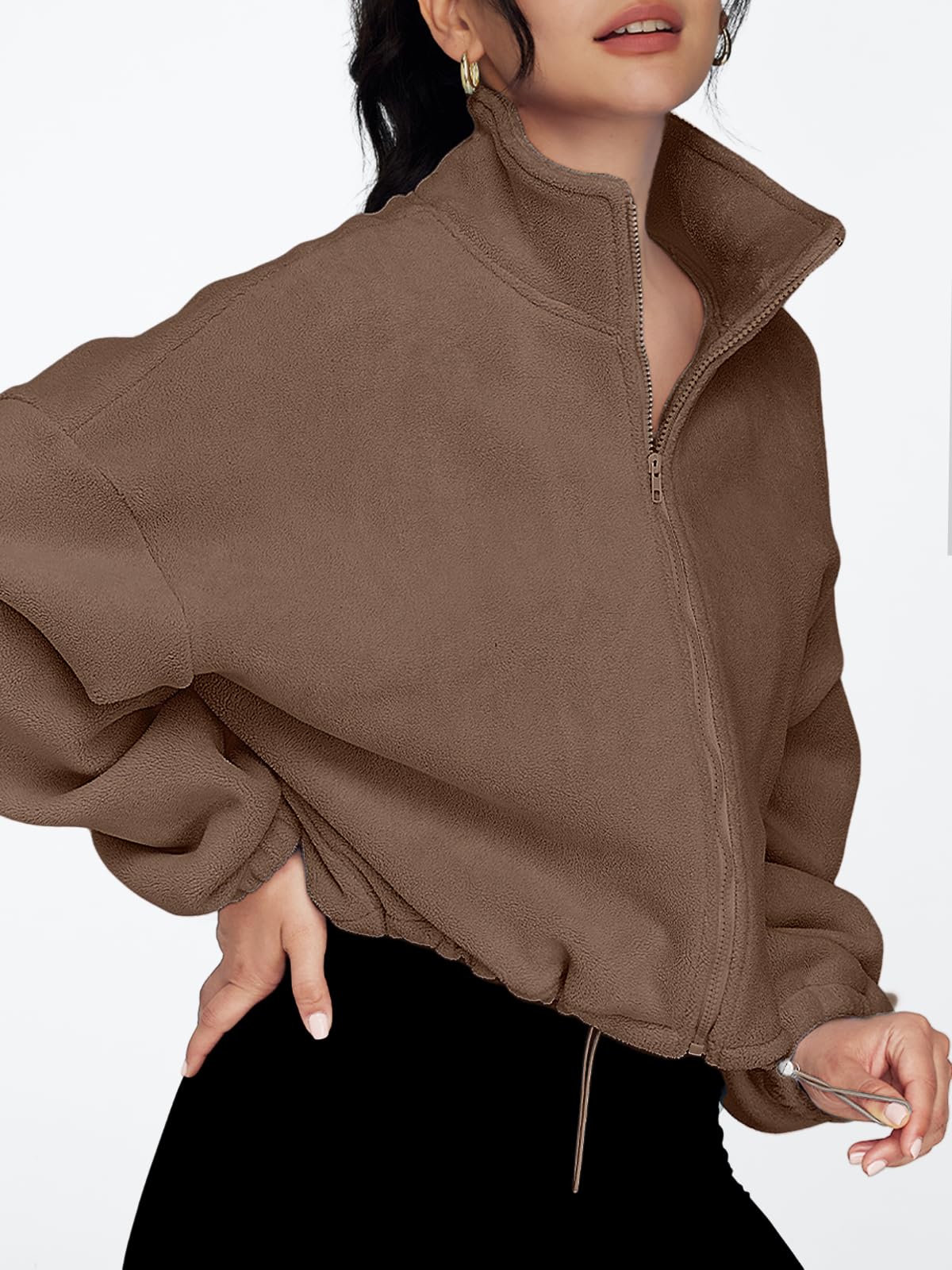 AUTOMET Womens Fleece Jackets Zip Up Oversized Cropped Sweatshirts Coffee