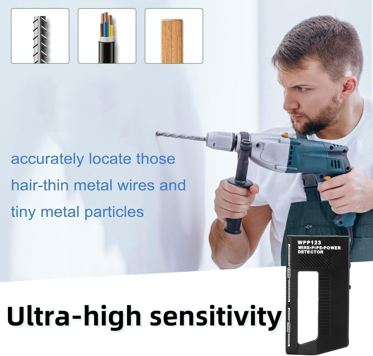 WPP123 High Sensitivity in-Wall Detector, Metal Detector, Wire Detector, Adjustable Alarm, Multi-Functional Scanner, Suitable for Adults, Durable Plastic Body, Black