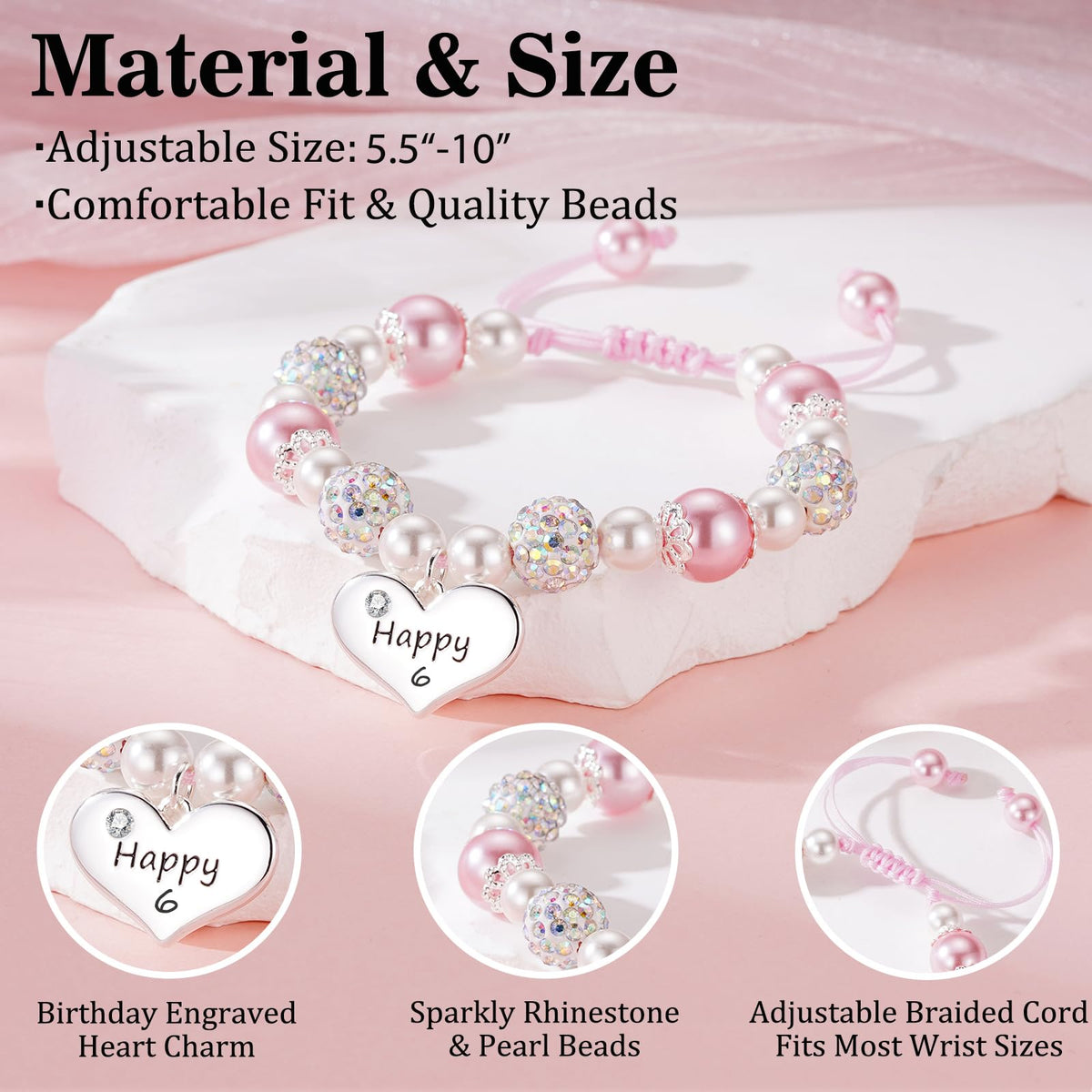 Saroly 5 Year Old Girl Birthday Gifts, Adjustable Pink Pearl Heart Pendant Beaded Bday Bracelet as 5yr Five Year Old 5th Birthday Christmas Jewelry Gifts for Girls Daughter Granddaughter Niece Sister Decorations