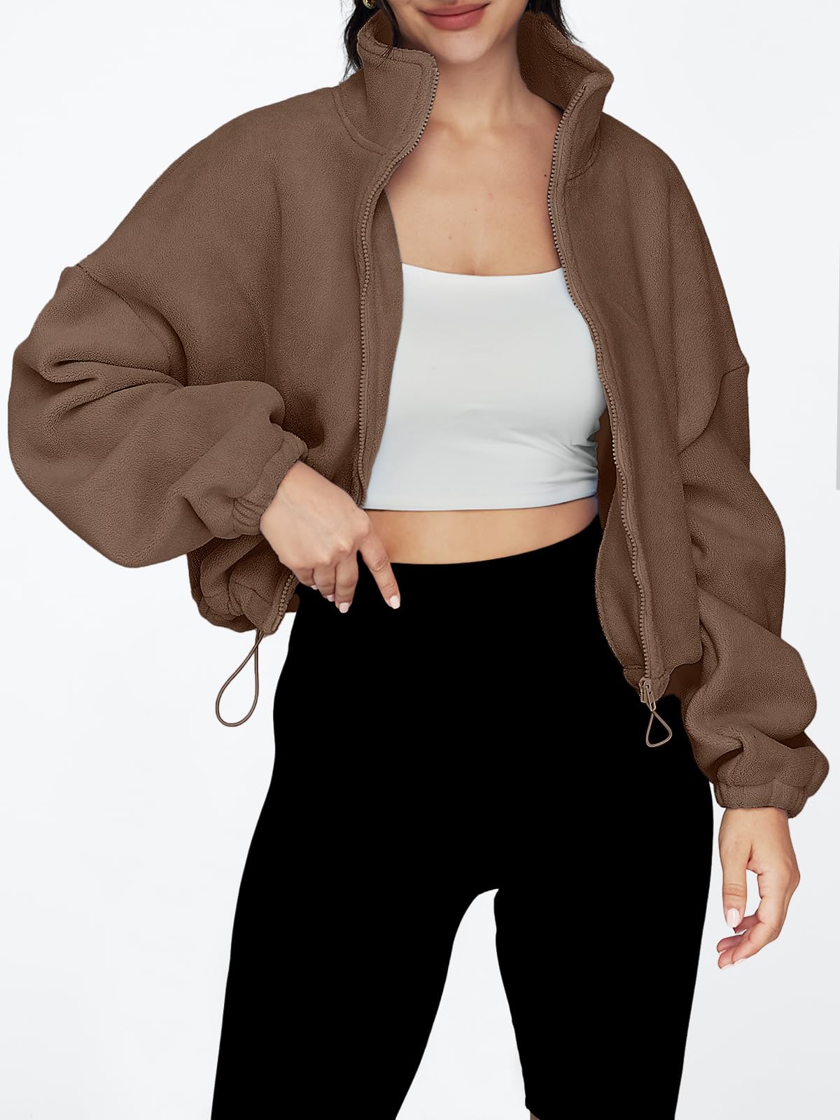 AUTOMET Womens Fleece Jackets Zip Up Oversized Cropped Sweatshirts Coffee