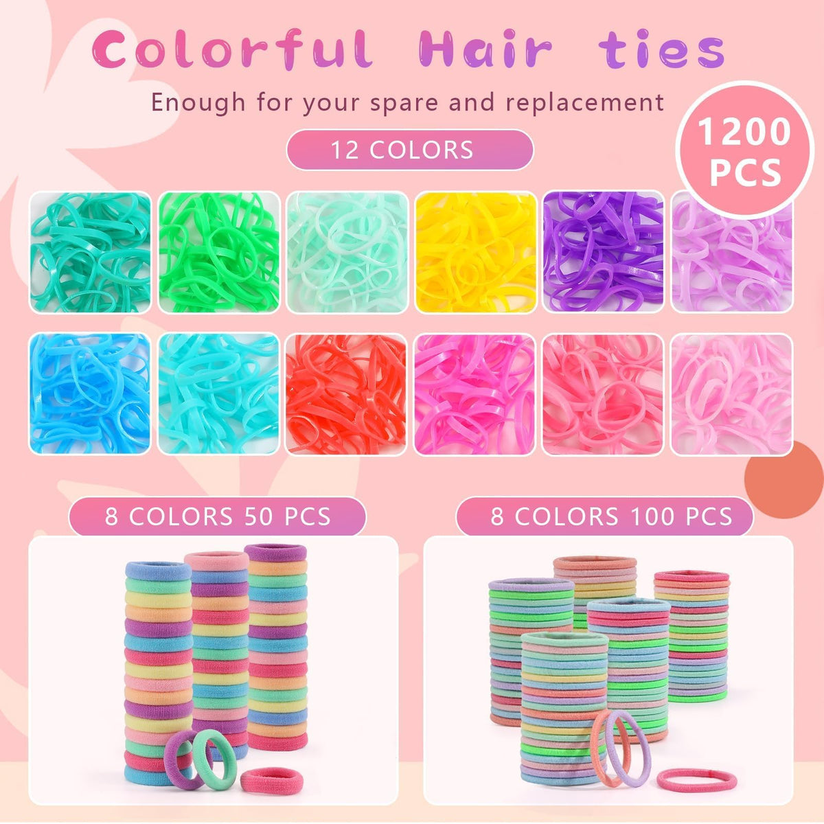 Hair Accessories for Girls, 1350P Colorful Hair Ties with 72P Hair Clips