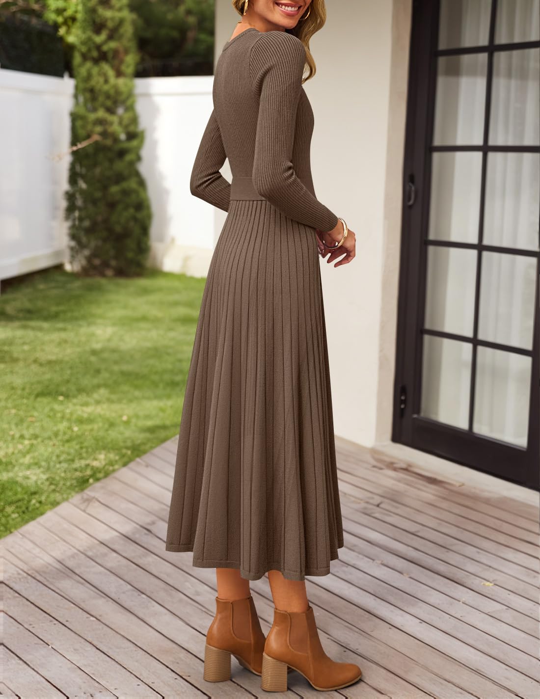 ZESICA Womens Fall Long Sleeve Pleated Midi Sweater Dresses Brown S