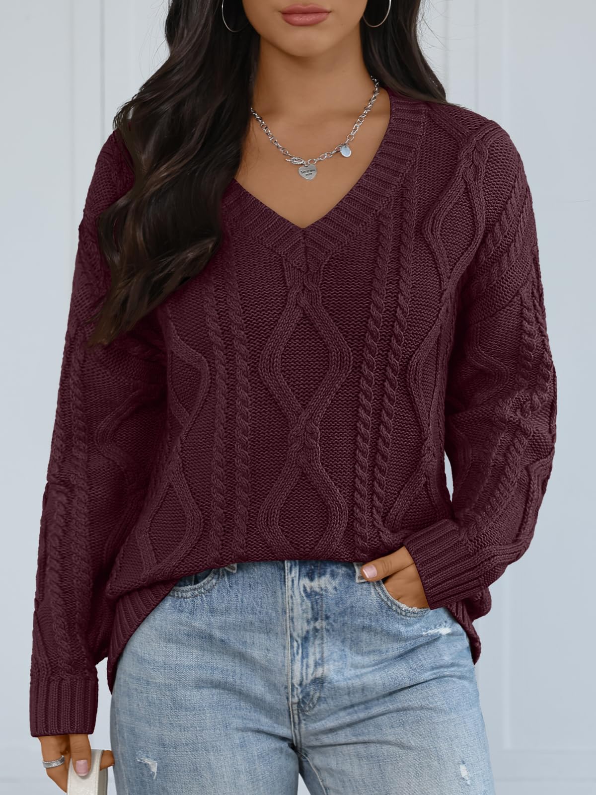 Trendy Queen Womens V Neck Cable Knit Sweaters Oversized Cozy Fall Pullover