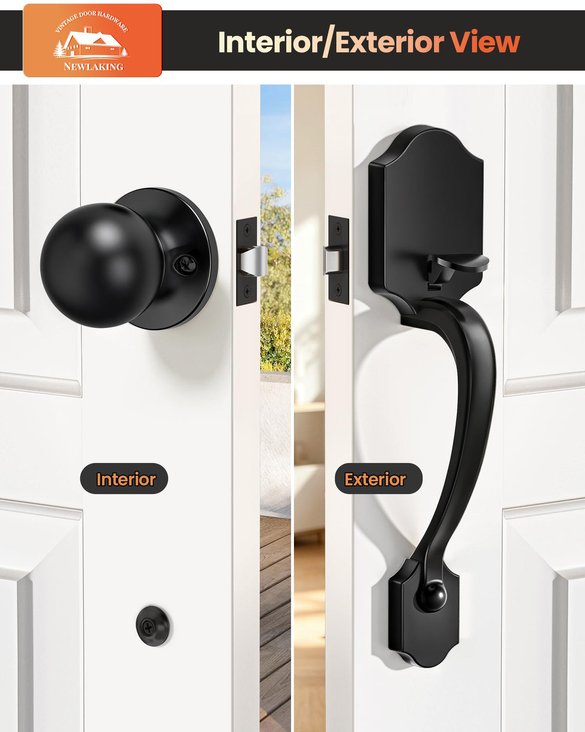 Front Door Handle with Reversible Knob Handle, Matte Black, Zinc Alloy