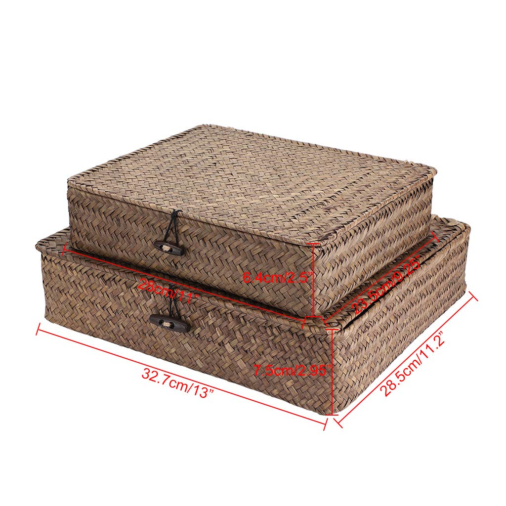 Hipiwe Set of 2 Flat Wicker Storage Basket Bins with Lid Woven Seagrass Box