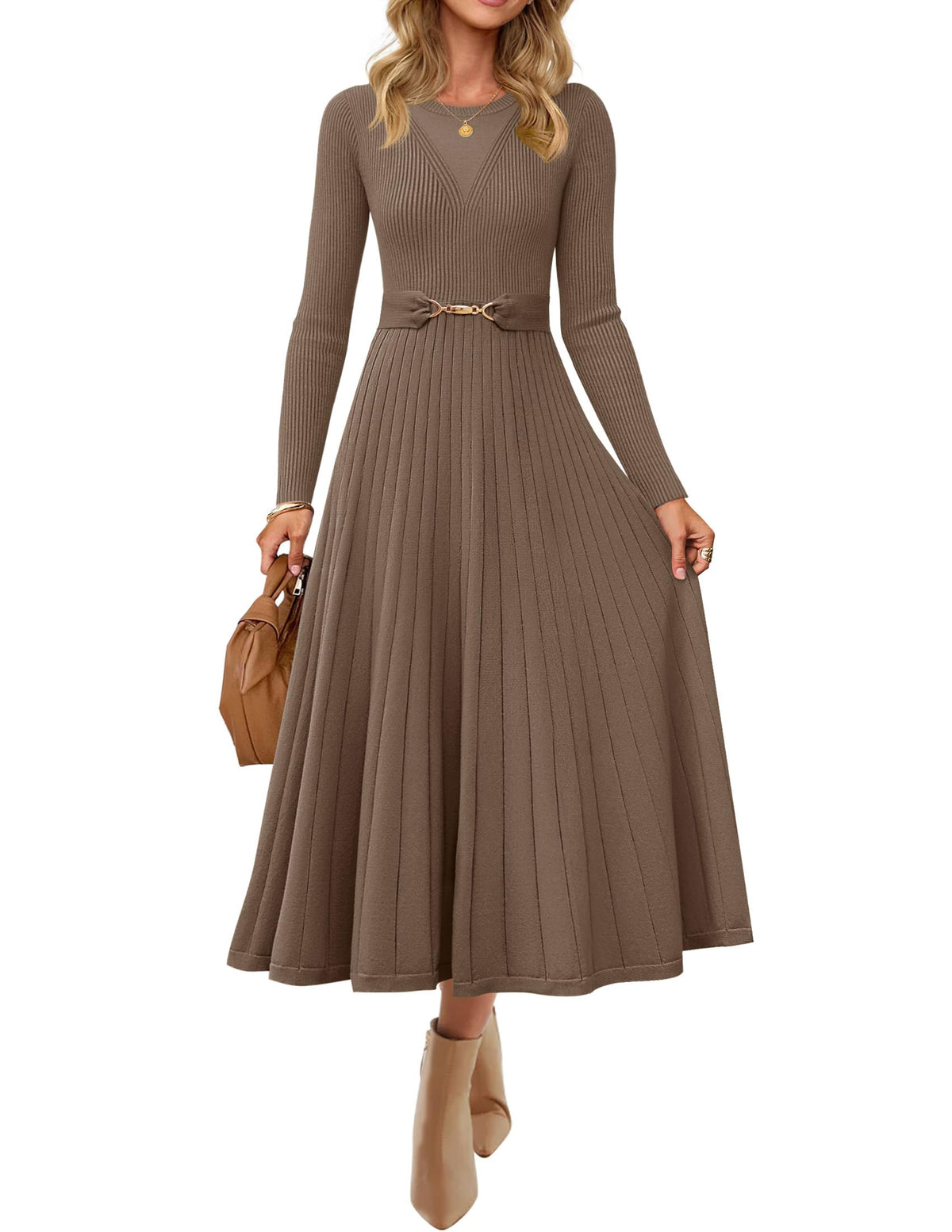 ZESICA Womens Fall Long Sleeve Pleated Midi Sweater Dresses Brown S