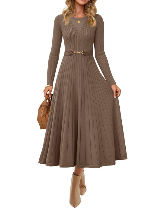 ZESICA Womens Fall Long Sleeve Pleated Midi Sweater Dresses Brown S