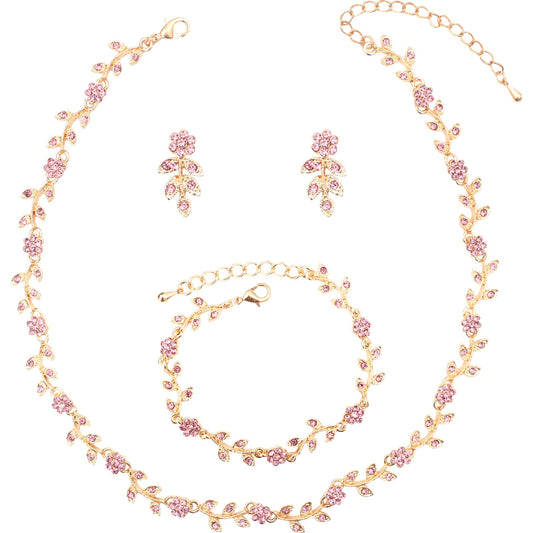 Enrwin Austrian Crystal Rhinestone Choker Necklace Dangle Earring Link Bracelet Jewelry Set for Brides Bridesmaid Prom Costume Accessories for Women (En001-Pink-Gold Plated)