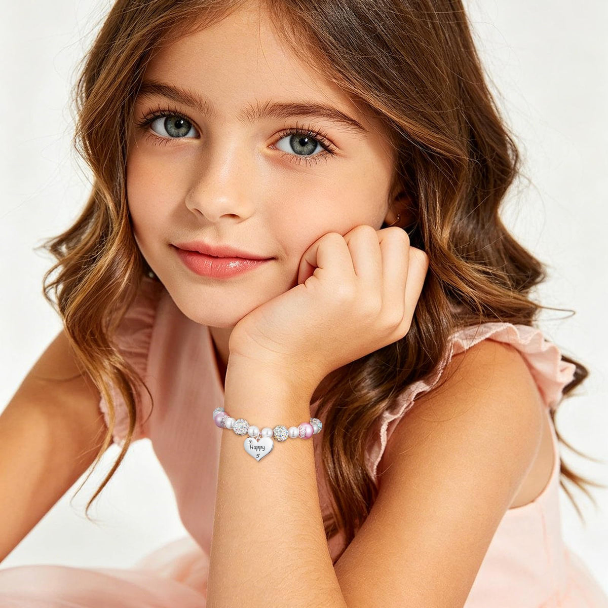 Saroly 5 Year Old Girl Birthday Gifts, Adjustable Pink Pearl Heart Pendant Beaded Bday Bracelet as 5yr Five Year Old 5th Birthday Christmas Jewelry Gifts for Girls Daughter Granddaughter Niece Sister Decorations