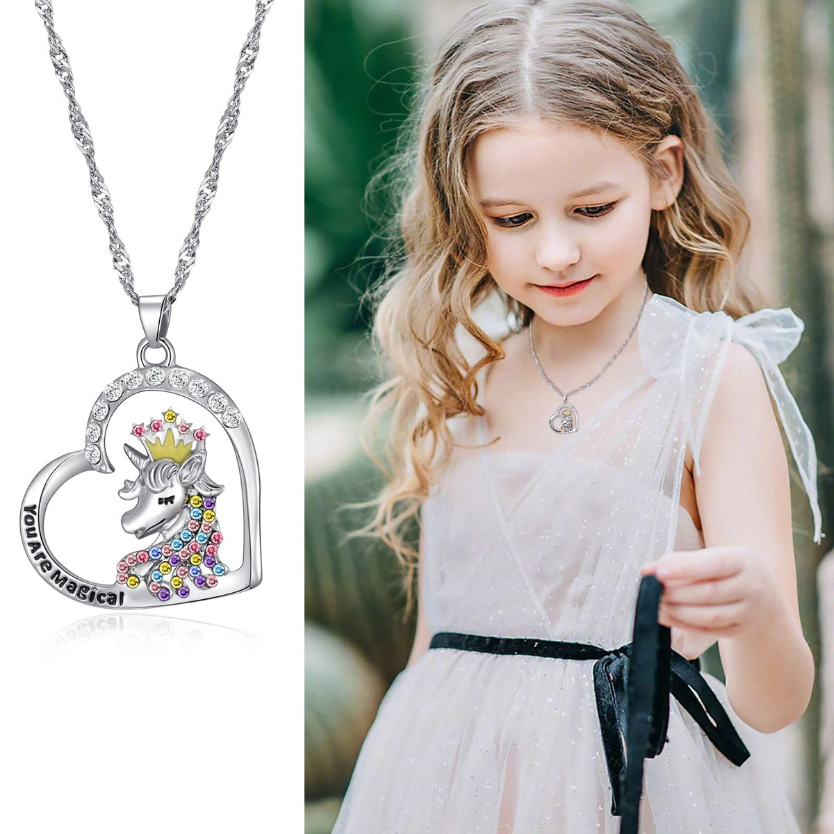 6 Pcs Cute Necklaces for Teen Girls - Adorable Pastel Crystal Girls Jewelry - Unicorns Gifts for Girls - Fairy Gifts for Teens - Dainty Necklace Birthday Gift Set Heart Necklace for Teen Girl Stuff