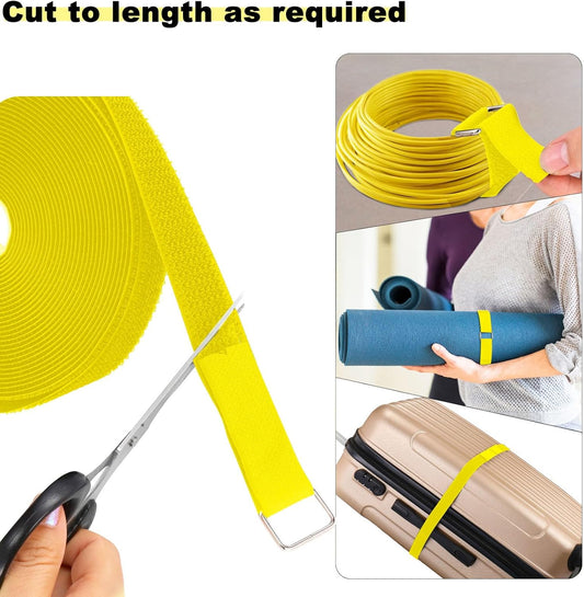 1"x16ft Hook and Loop Straps with 25 Metal Buckles, Adjustable Fastening Cable Straps, Cut-to-Length Cinch Strap, Reusable Nylon Securing Cord Ties for Organizer or Storage, 1 inch Wide,Yellow