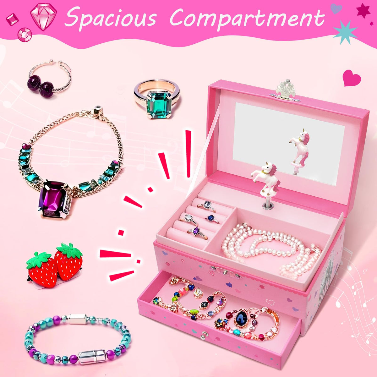 Jewelry Box for Girls with Drawer, Musical Kids Jewelry Box for Girls Gifts
