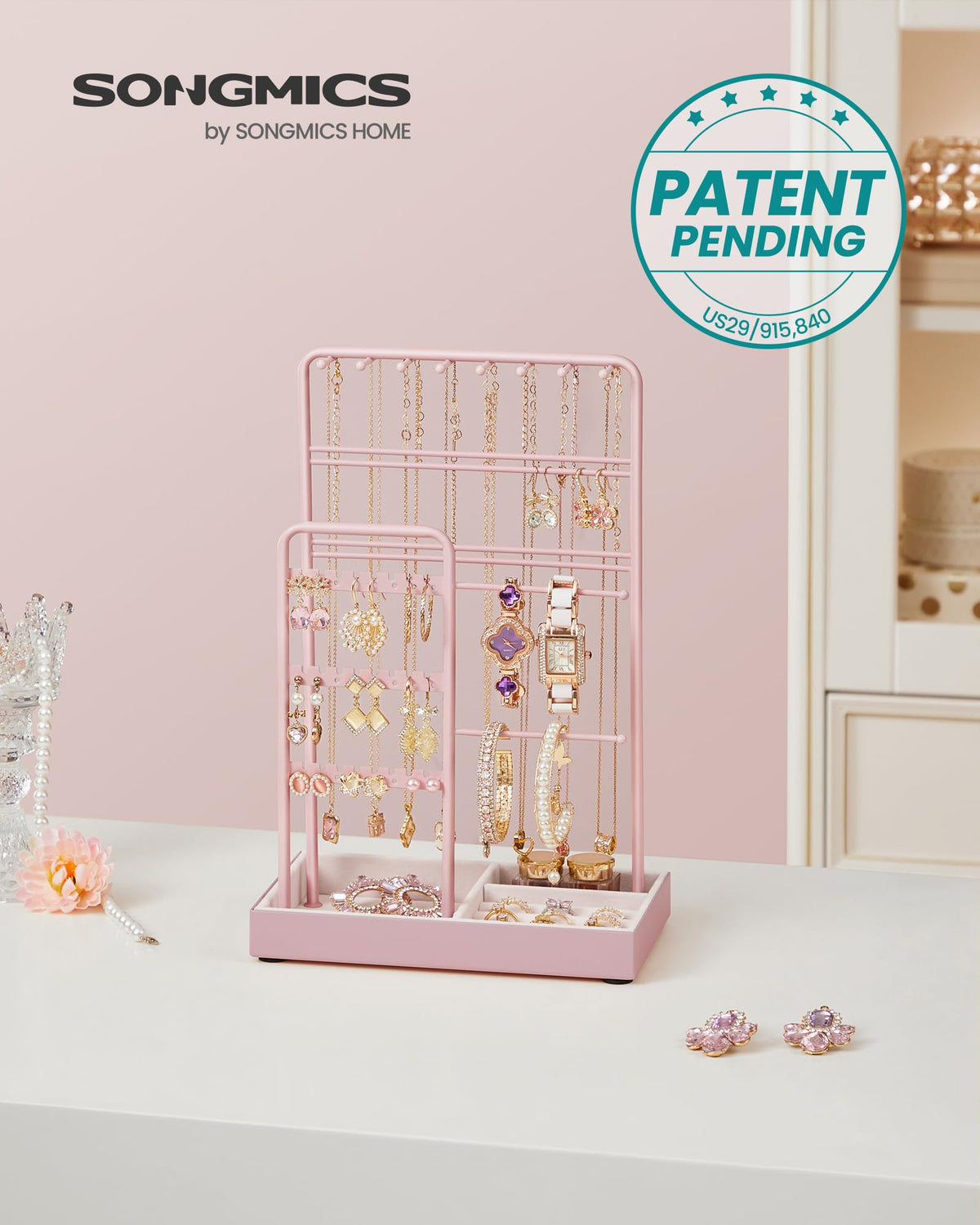 SONGMICS Jewelry Holder, Display Stand, Metal Frame, Velvet Tray