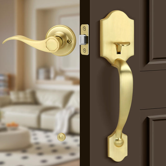 Gaurqiah Gold Front Door Handle Set with Passage Lever, Deadbolt Not Included,Exterior Door Handleset for Single Cylinder or Smart Deadbolts, Satin Brass