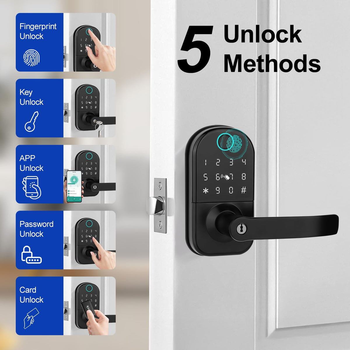 GUSEI Keyless Entry Fringerprint Smart Matter Biometric Door Deadbolt Lock with Handle, 5-in-1 Keypad Digital Electronic Matter Lock with Code,App,Card and Keys for Bedroom Front Officce Doors