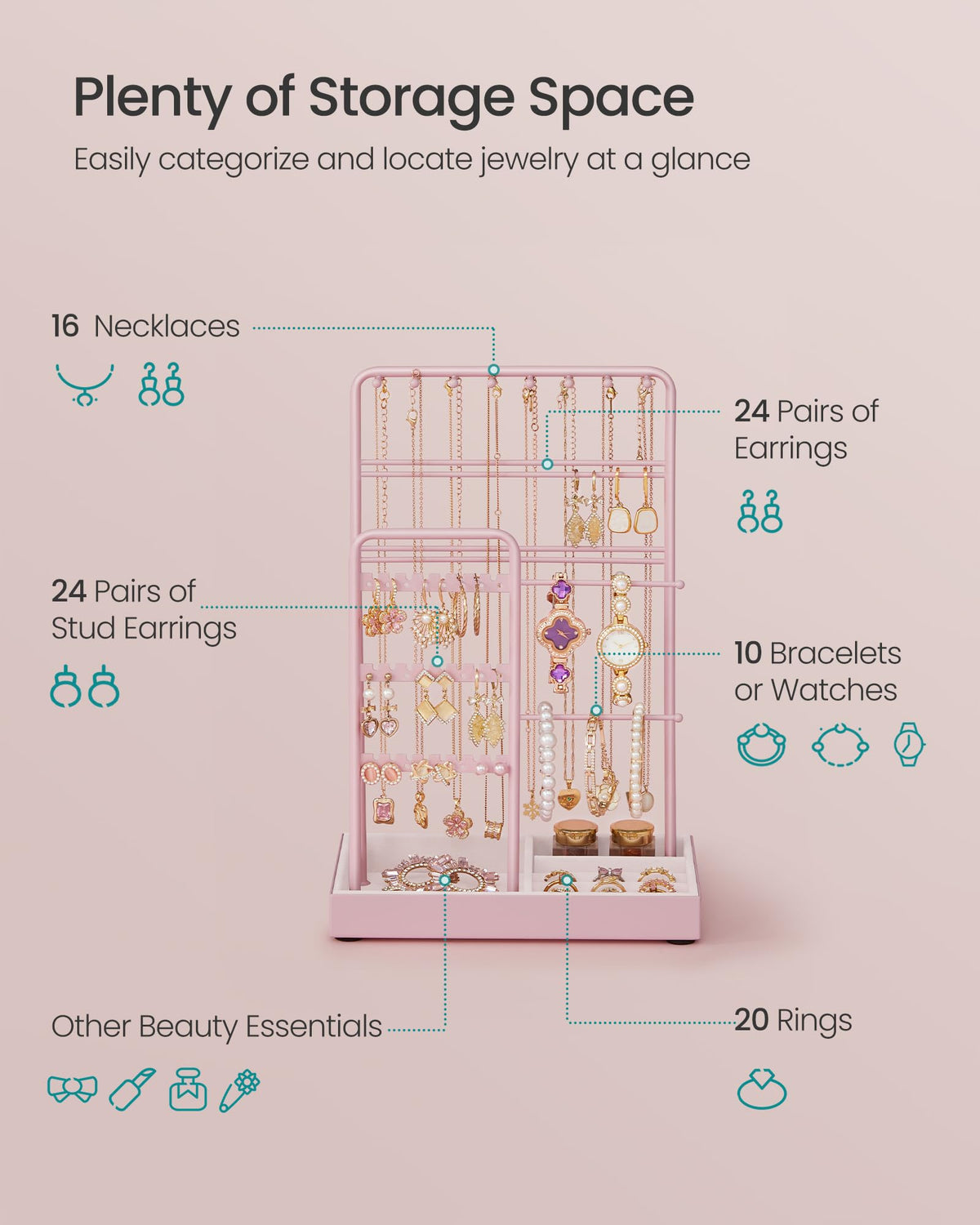 SONGMICS Jewelry Holder, Display Stand, Metal Frame, Velvet Tray