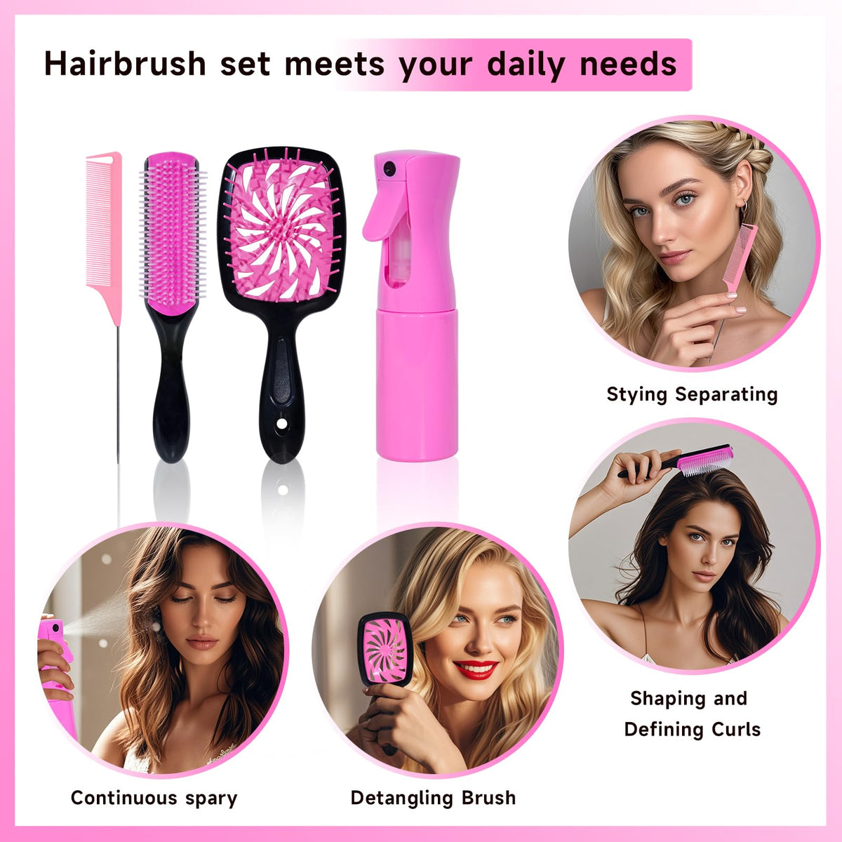 11-Piece Hair Brush Set with Detangling Brush and Hair Spray Bottle, Pink