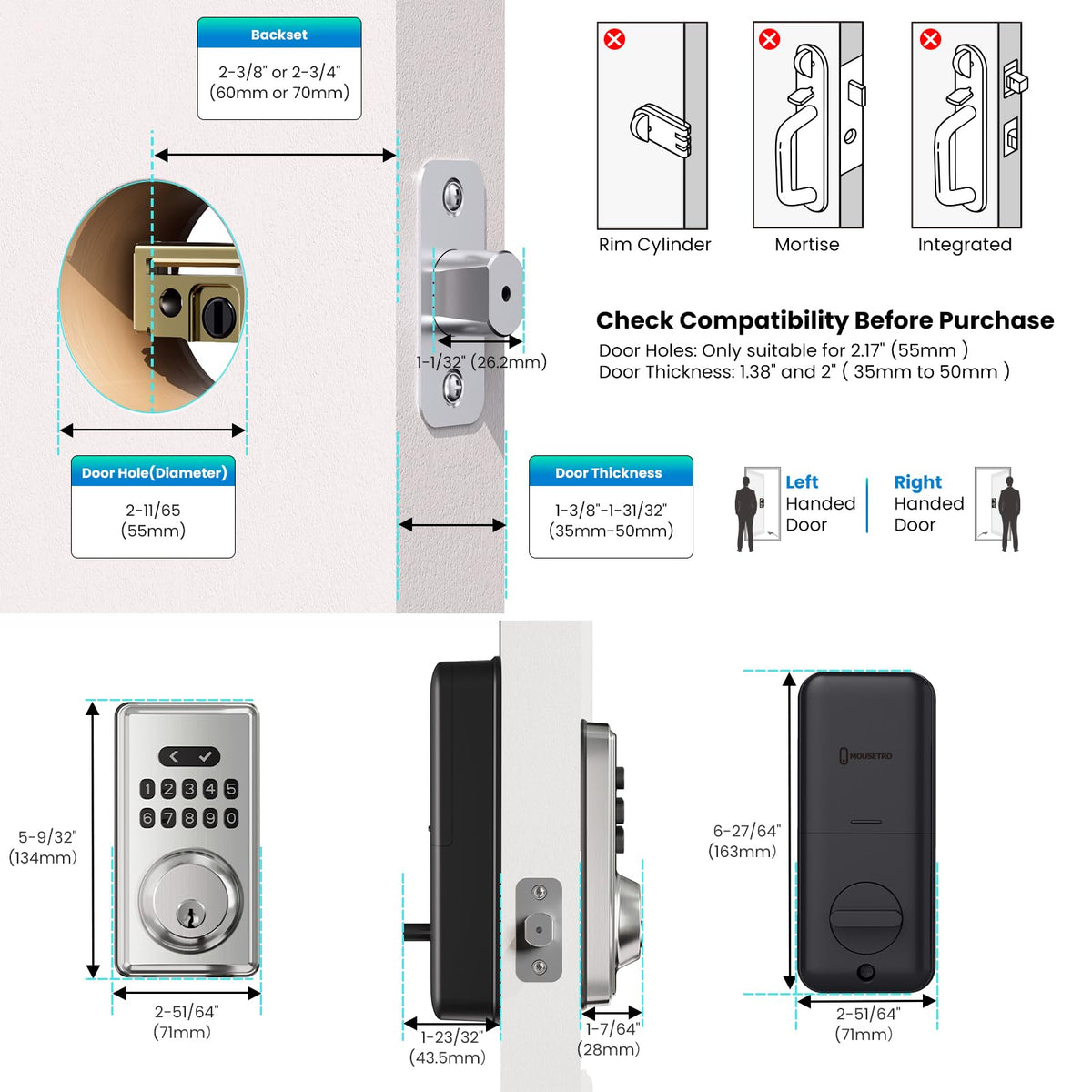 MOUSETRO Keyless Entry Door Lock Deadbolt with Keypad, Digital Smart Locks with Code, Auto Lock, Anti-Peeking Password, Easy Installation, Satin Nickel