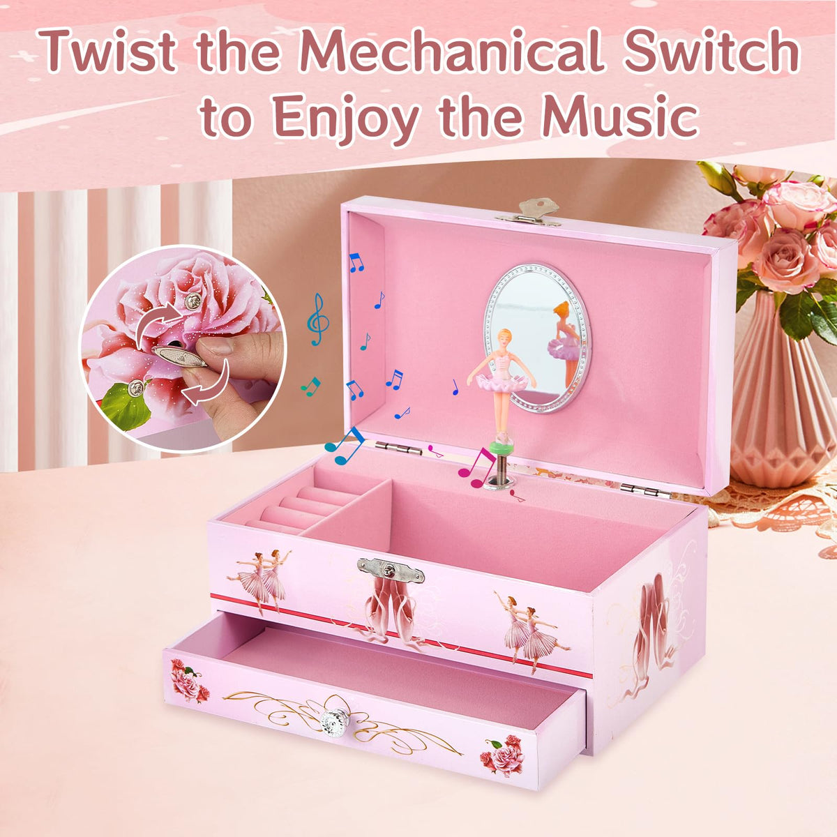 TAOPU Classical Ballerina Musical Jewelry Box with Drawer and Dancing Ballerina,Girls Gifts for Kids Jewel Storage, Girls Music Box for Kids Ages 3-12 Gift