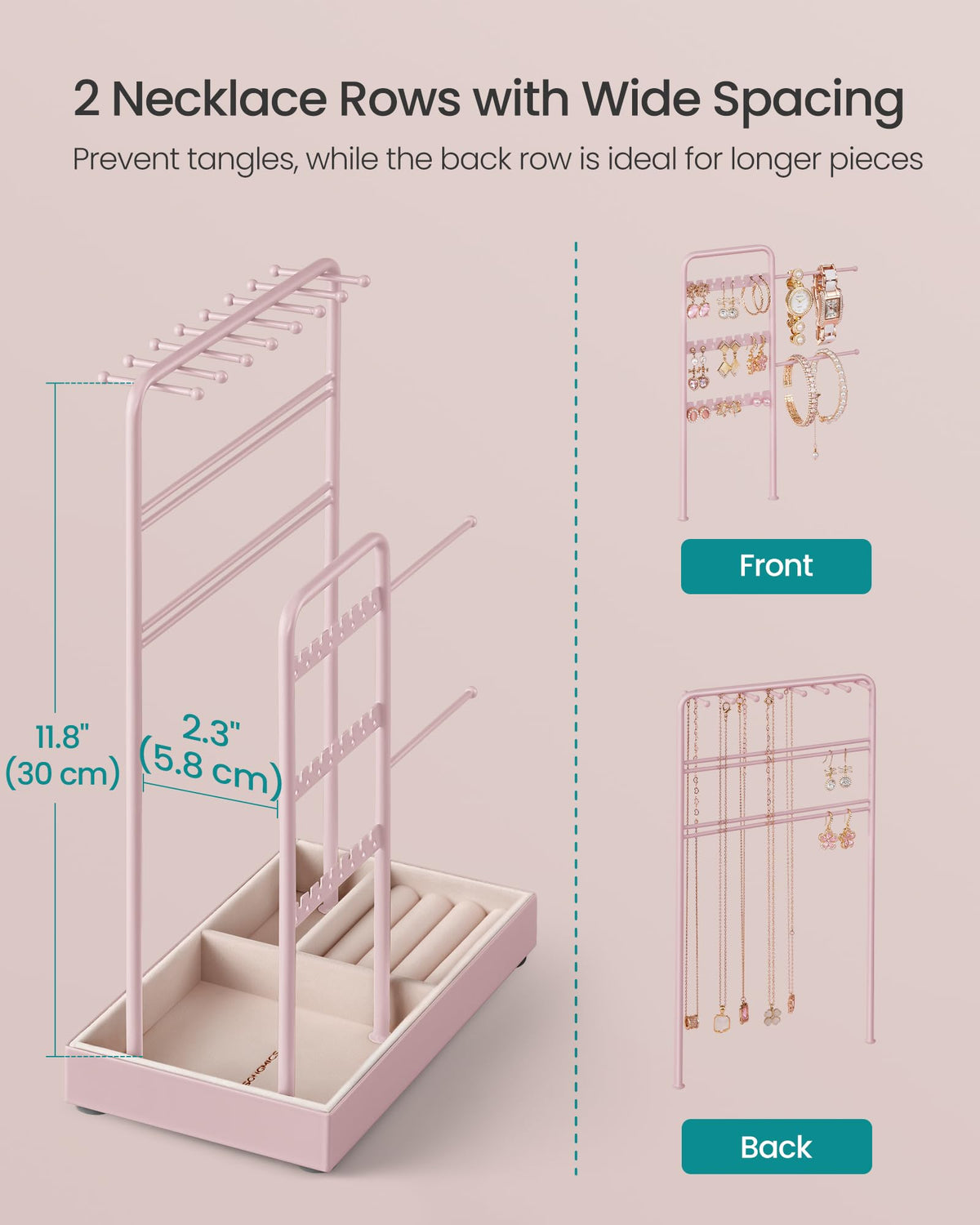 SONGMICS Jewelry Holder, Display Stand, Metal Frame, Velvet Tray