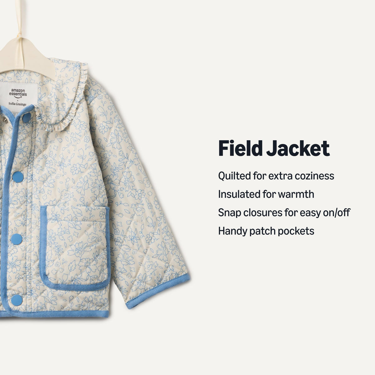 Amazon Essentials X Sofia Grainge Unisex Babies' Midweight Field Jacket with Ruffle, Ivory Blue Outlined Blooms, 3T