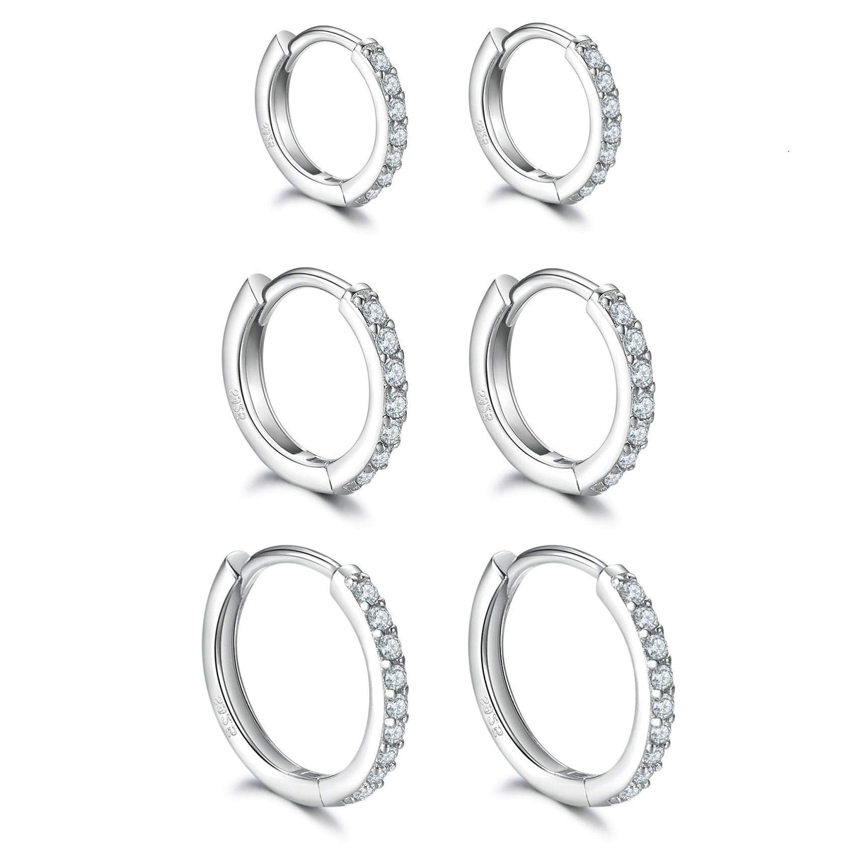 925 Sterling Silver Small Hoop Earrings, Cubic Zirconia Cartilage Huggie Earrings, 3 Pairs 14K White Gold Plated Small Silver Hoops for Women Men 8mm 10mm 12mm